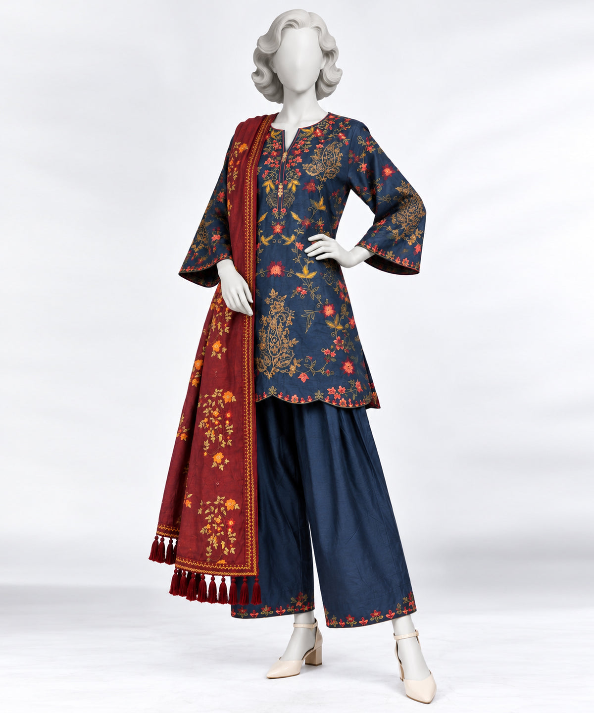 Blue Embroidered Raw Silk Stitched 3Pc