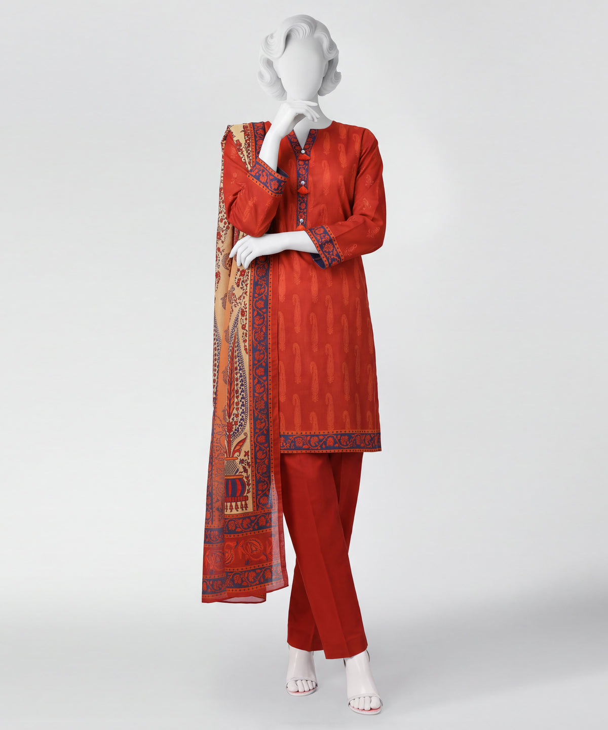 Red Printed Lawn Unstitched 3Pc Main Front