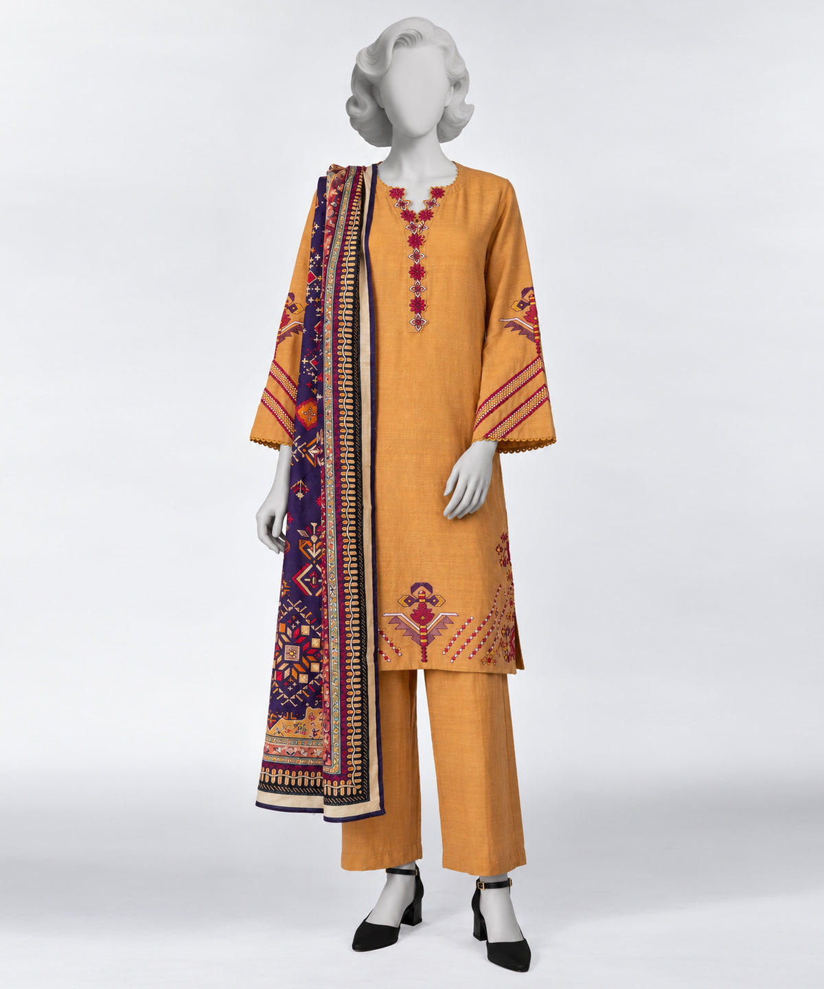 Mustard Embroidered Khaddar Slub Stitched 3Pc