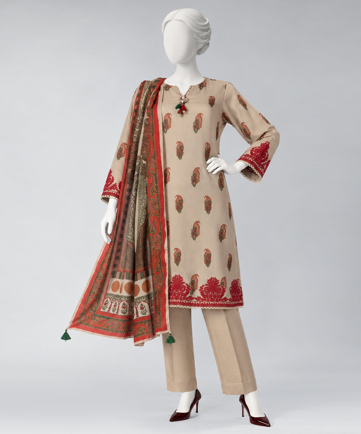 Beige Embroidered Pashmina Unstitched 3Pc