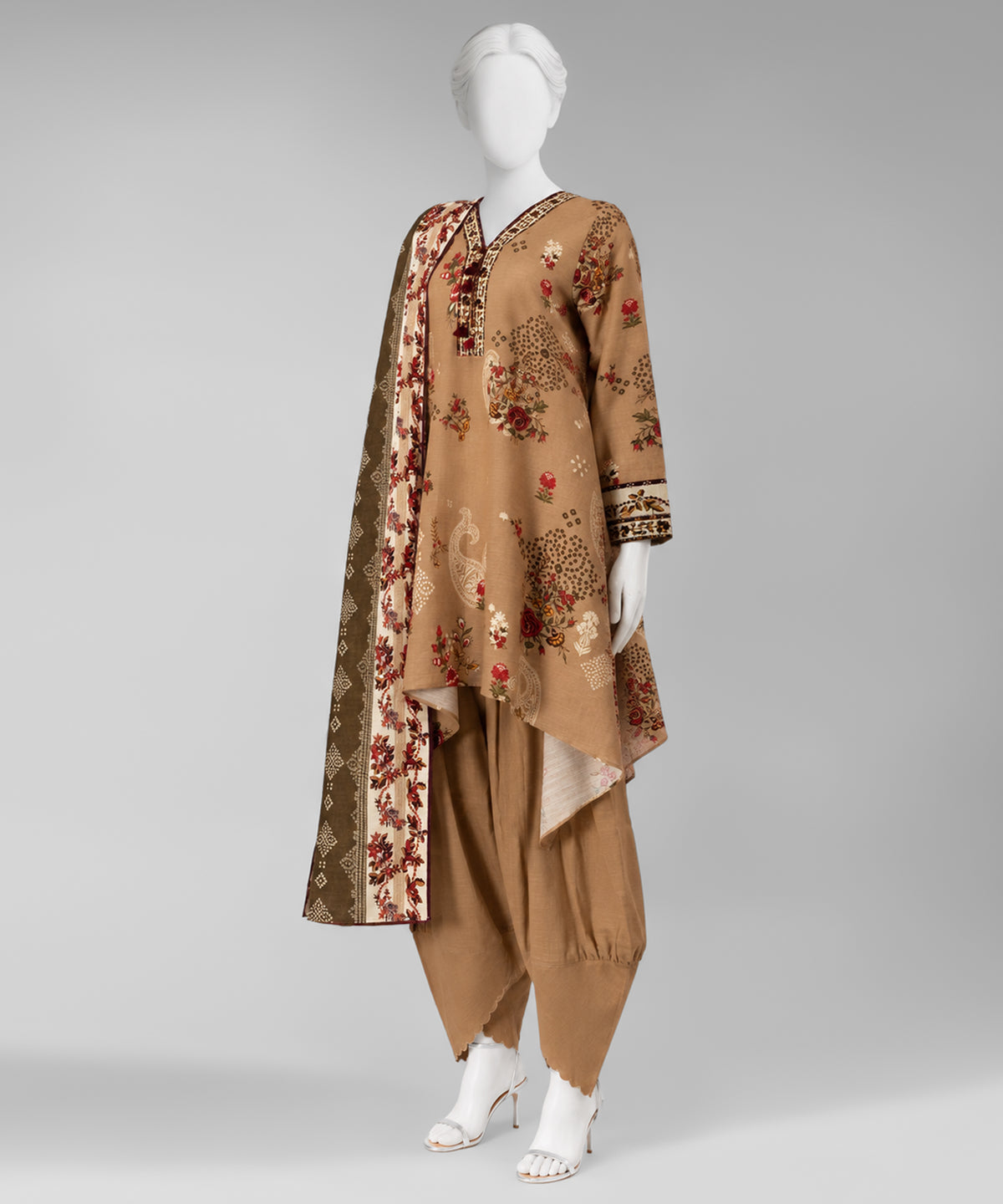 Brown Printed Khaddar Slub Unstitched 3Pc
