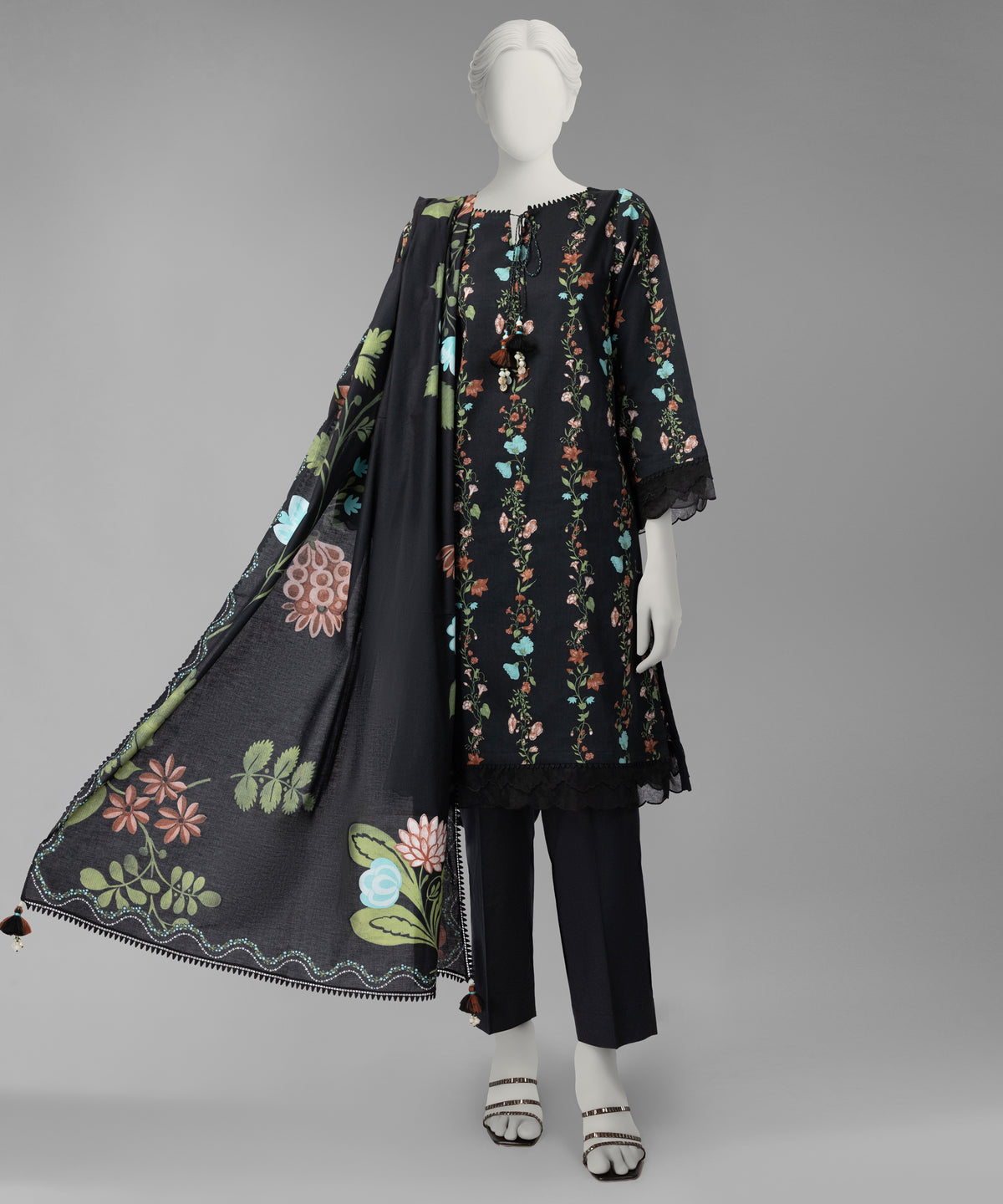Black Printed Cambric Unstitched 3Pc