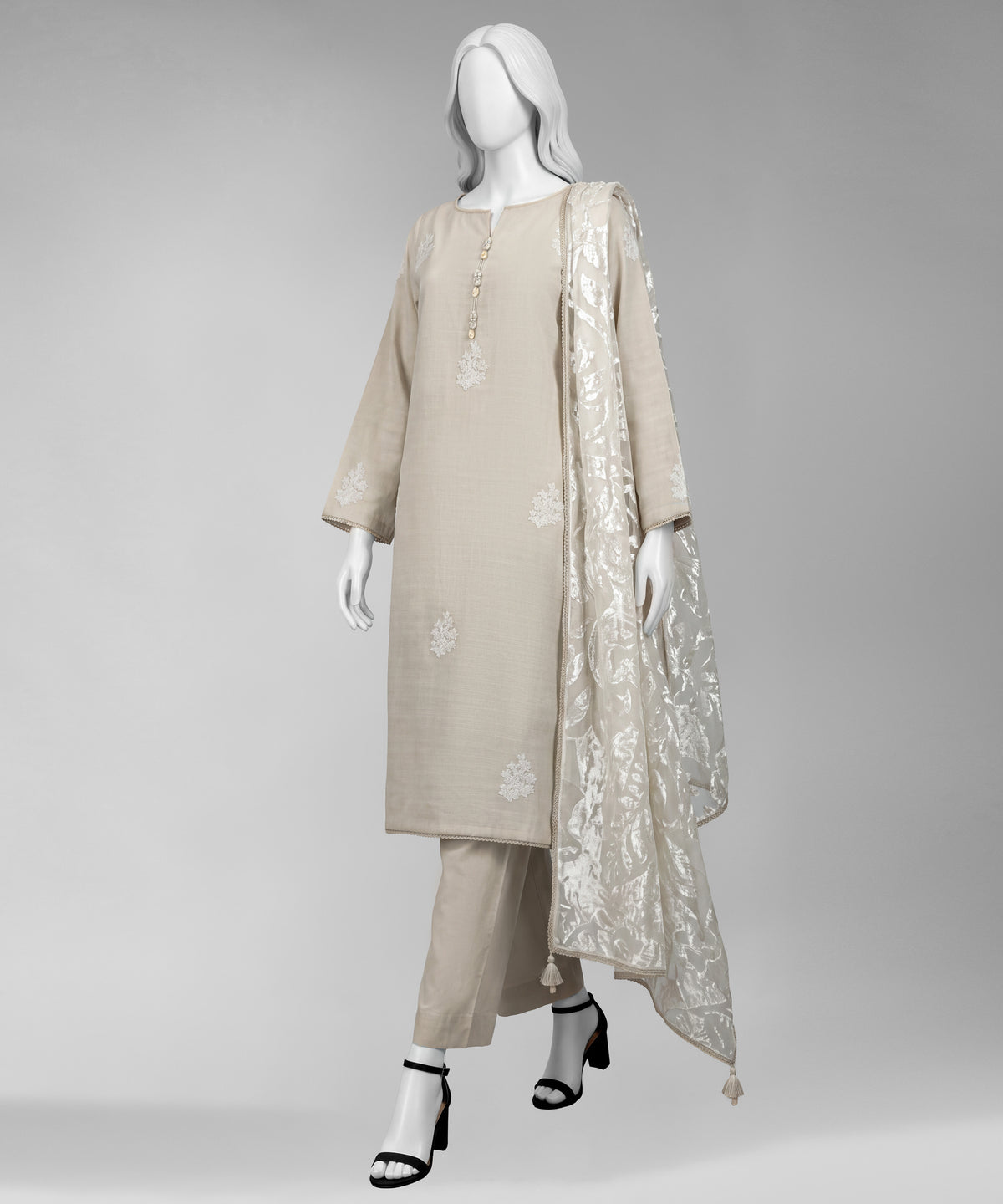 Off White Embroidered Khaddar Slub Stitched 3Pc