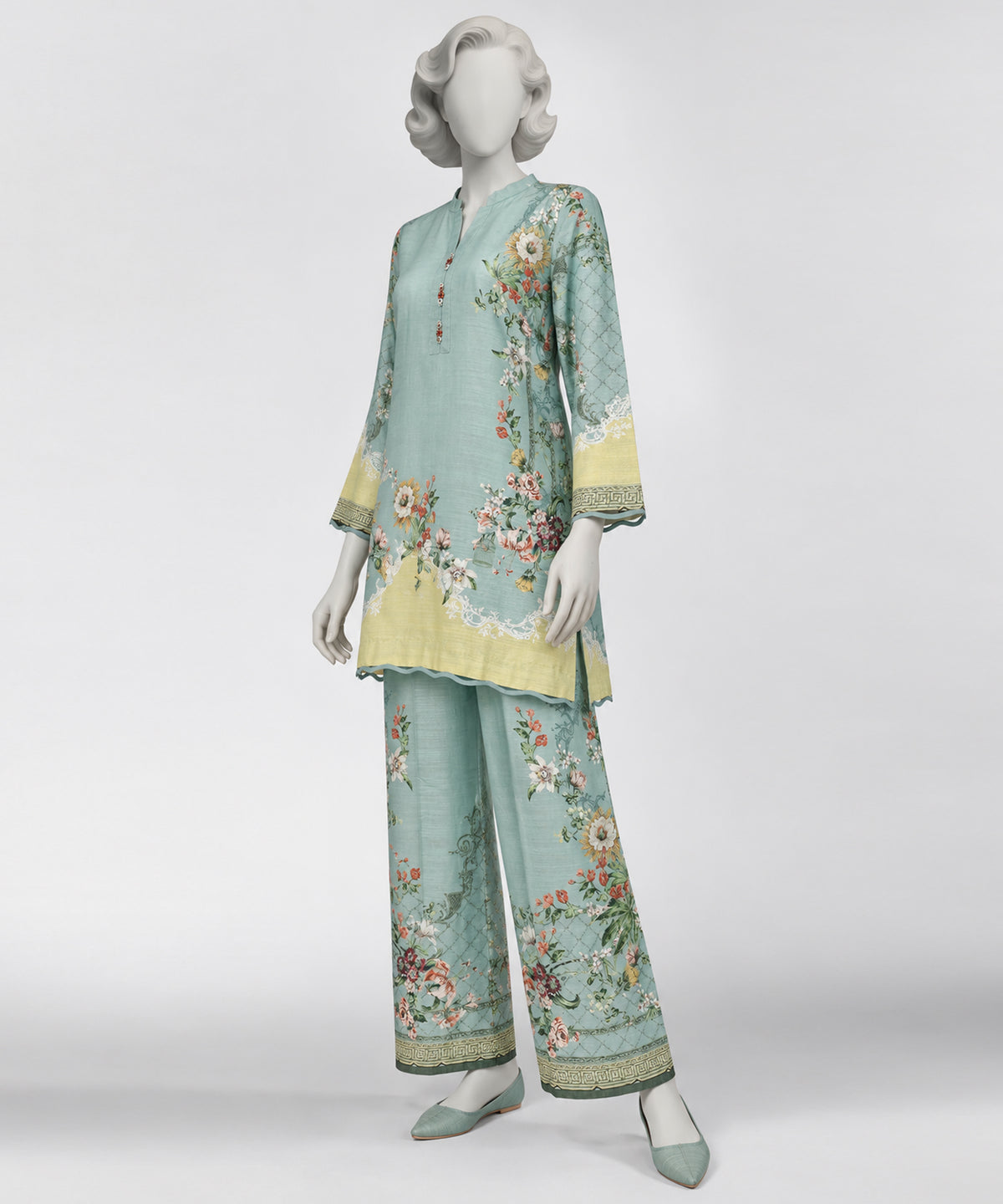 Green Printed Khaddar Slub Co-Ord Set