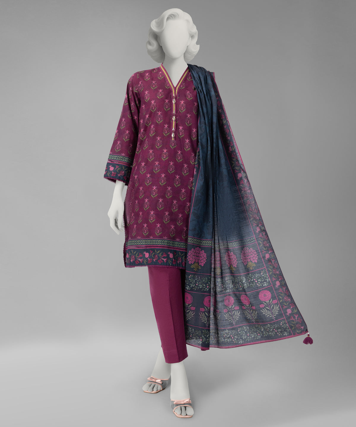 Purple Printed Khaddar Slub Unstitched 3Pc