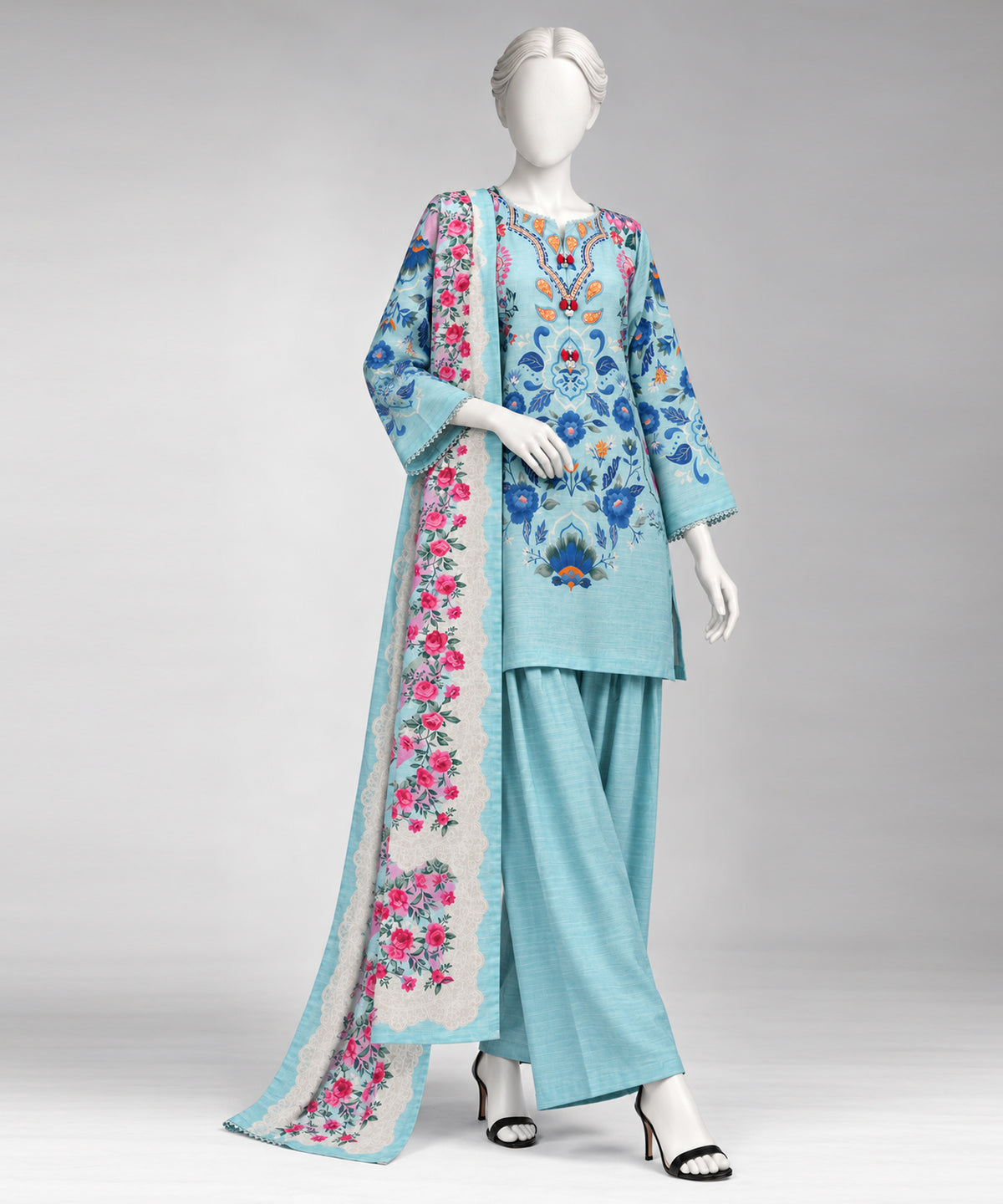 Light Blue Printed Khaddar Slub Stitched 3Pc