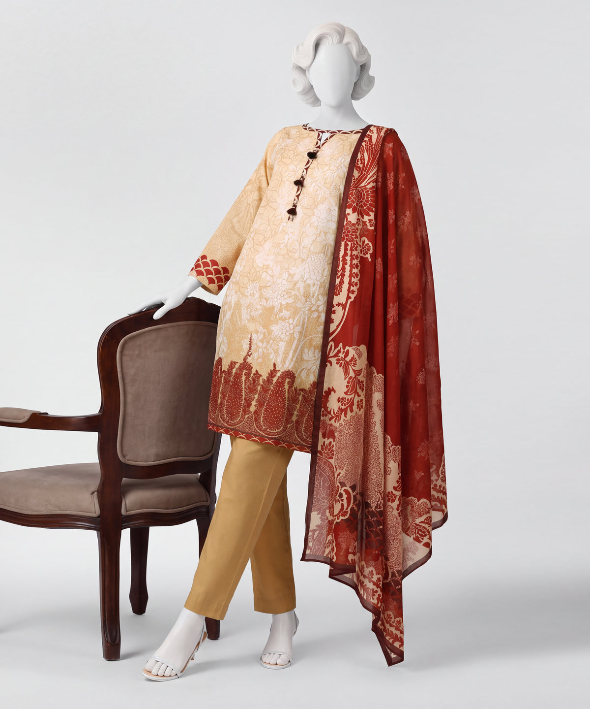 Beige Printed Lawn Unstitched 3Pc Main Front
