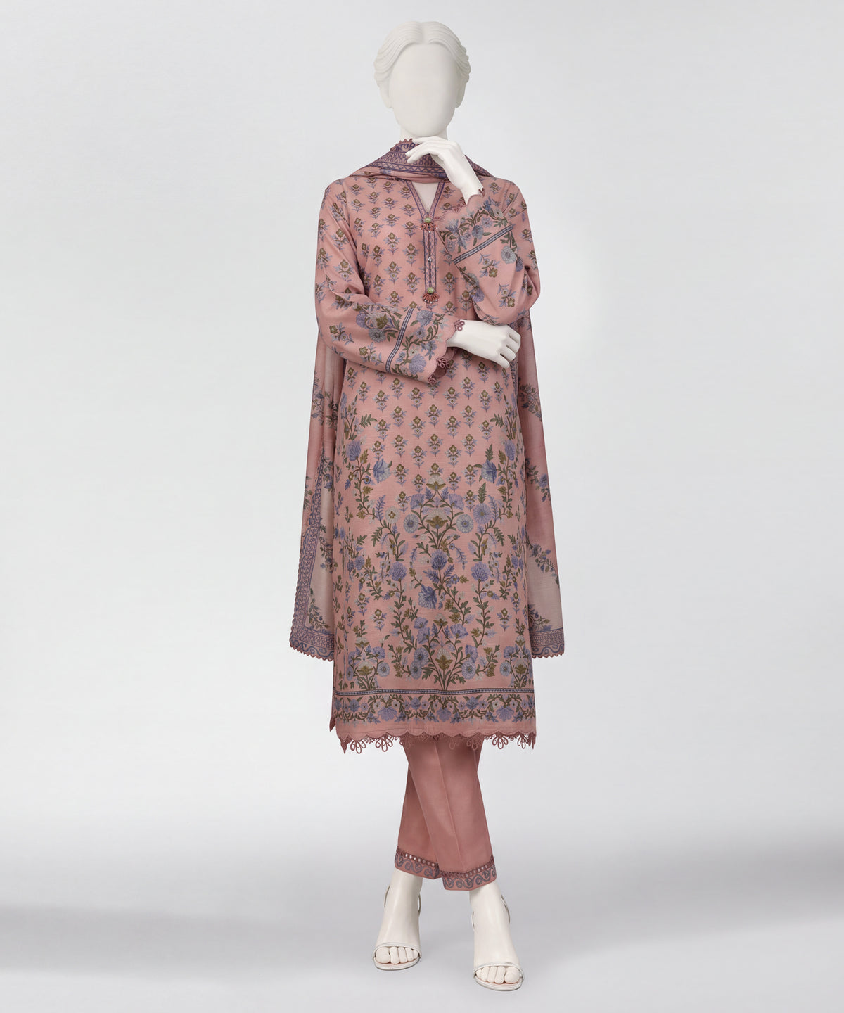 Peach Printed Khaddar Slub Stitched 3Pc