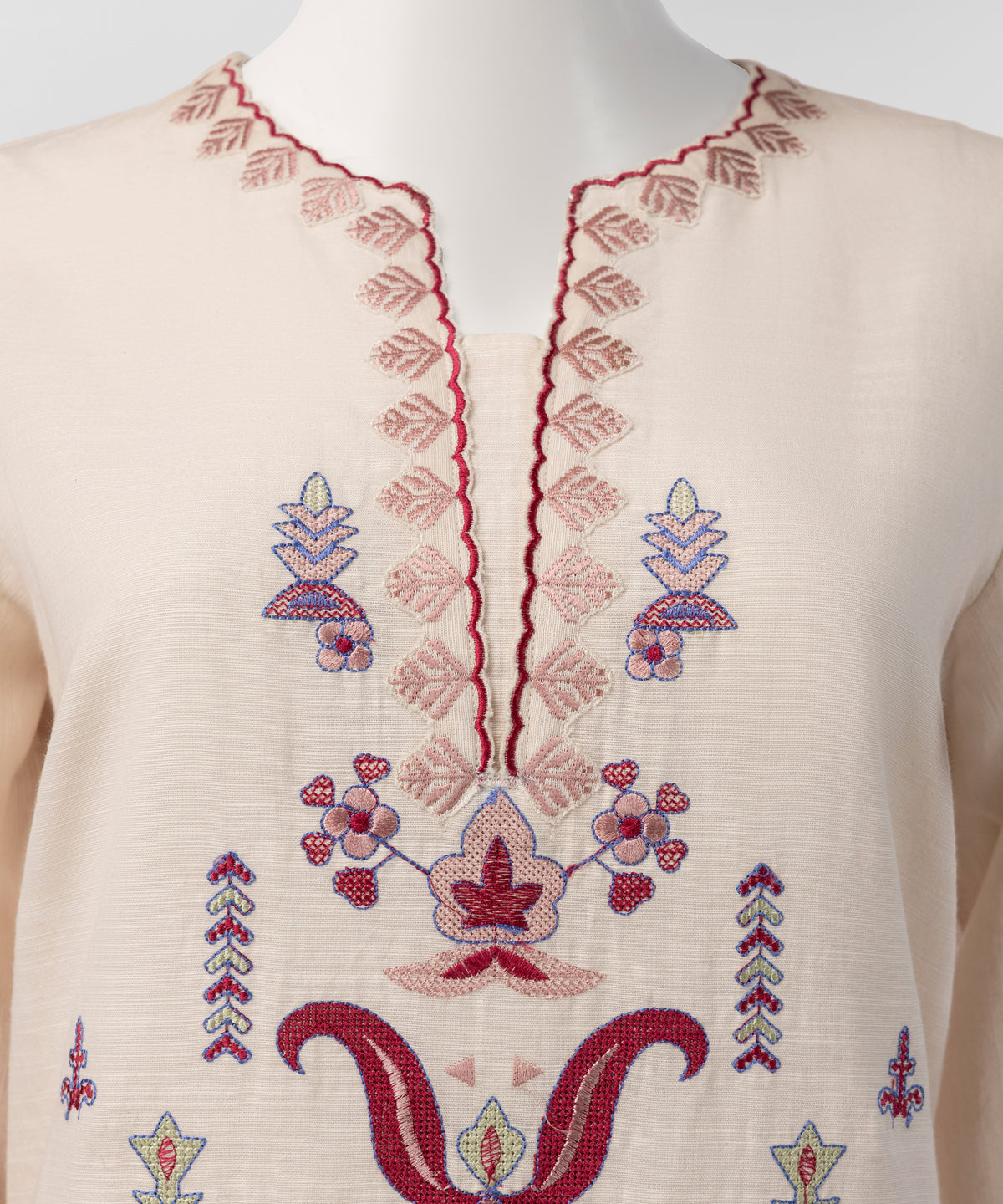 Off White Embroidered Khaddar Slub Stitched 3Pc
