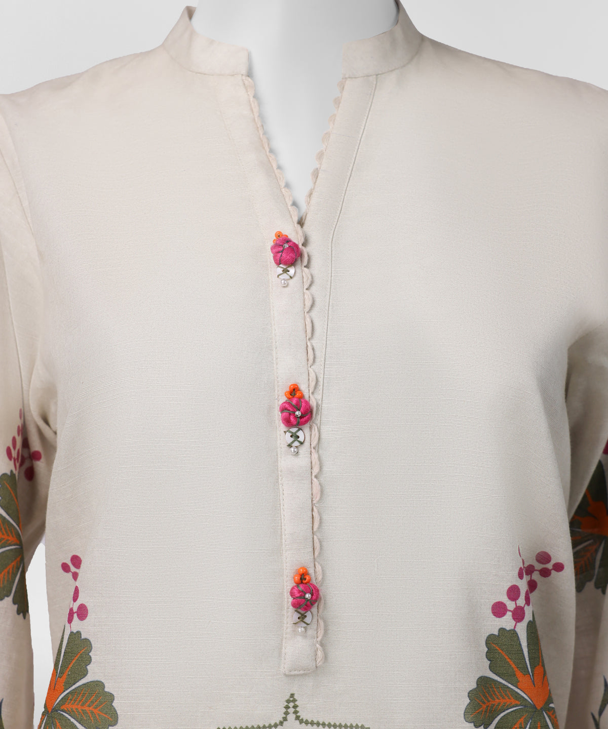 Off White Printed Khaddar Slub Stitched 3Pc