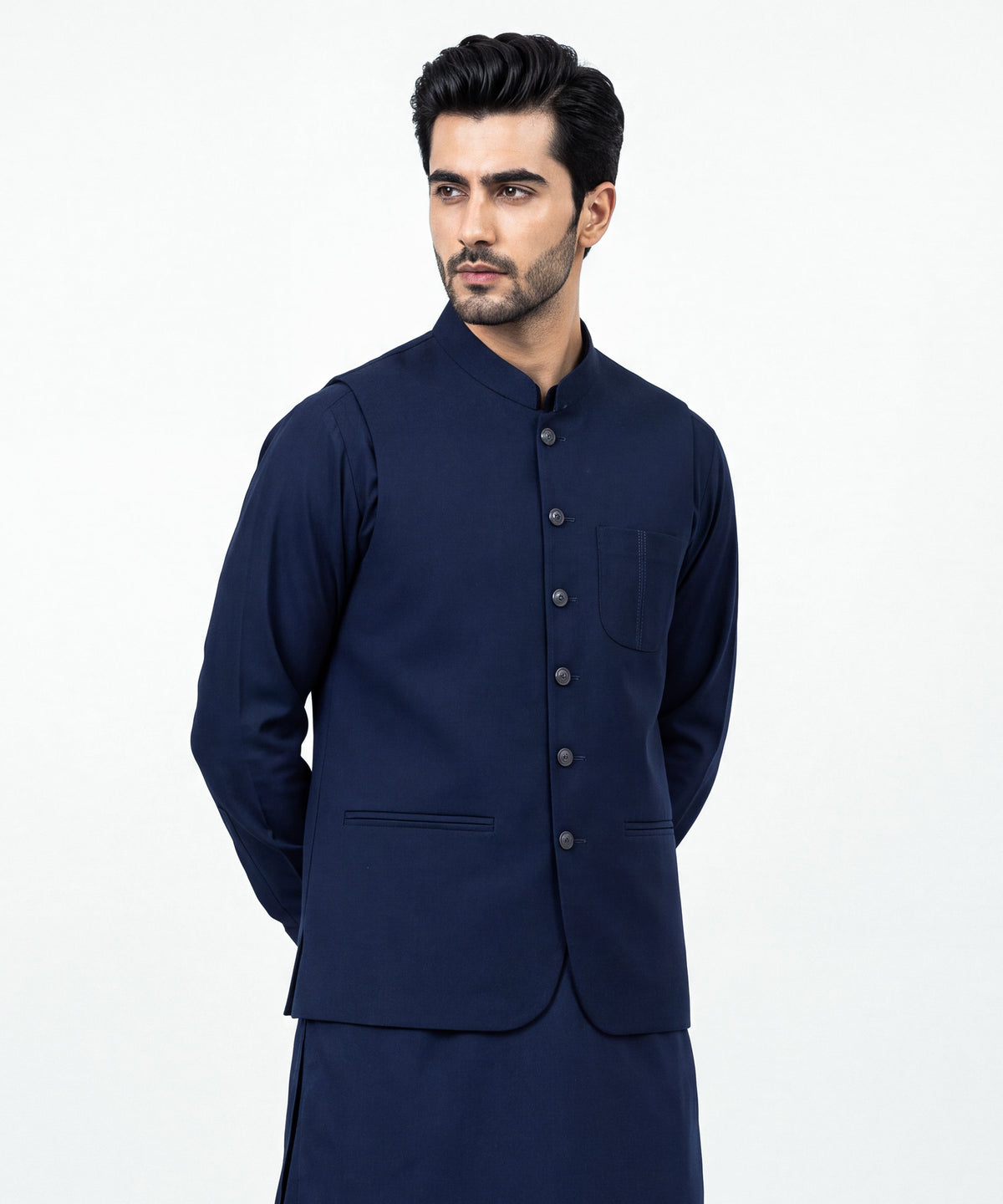 Blue Plain Kameez Shalwar & Waistcoat