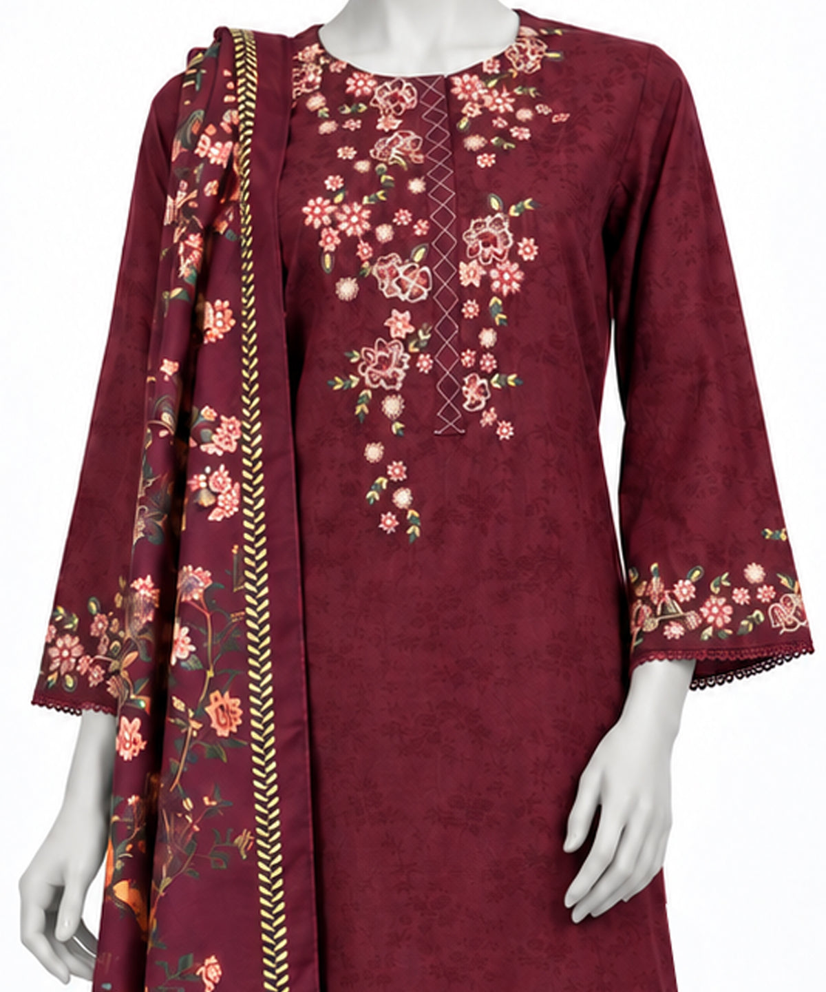 Maroon Embroidered Jacquard Stitched 3Pc