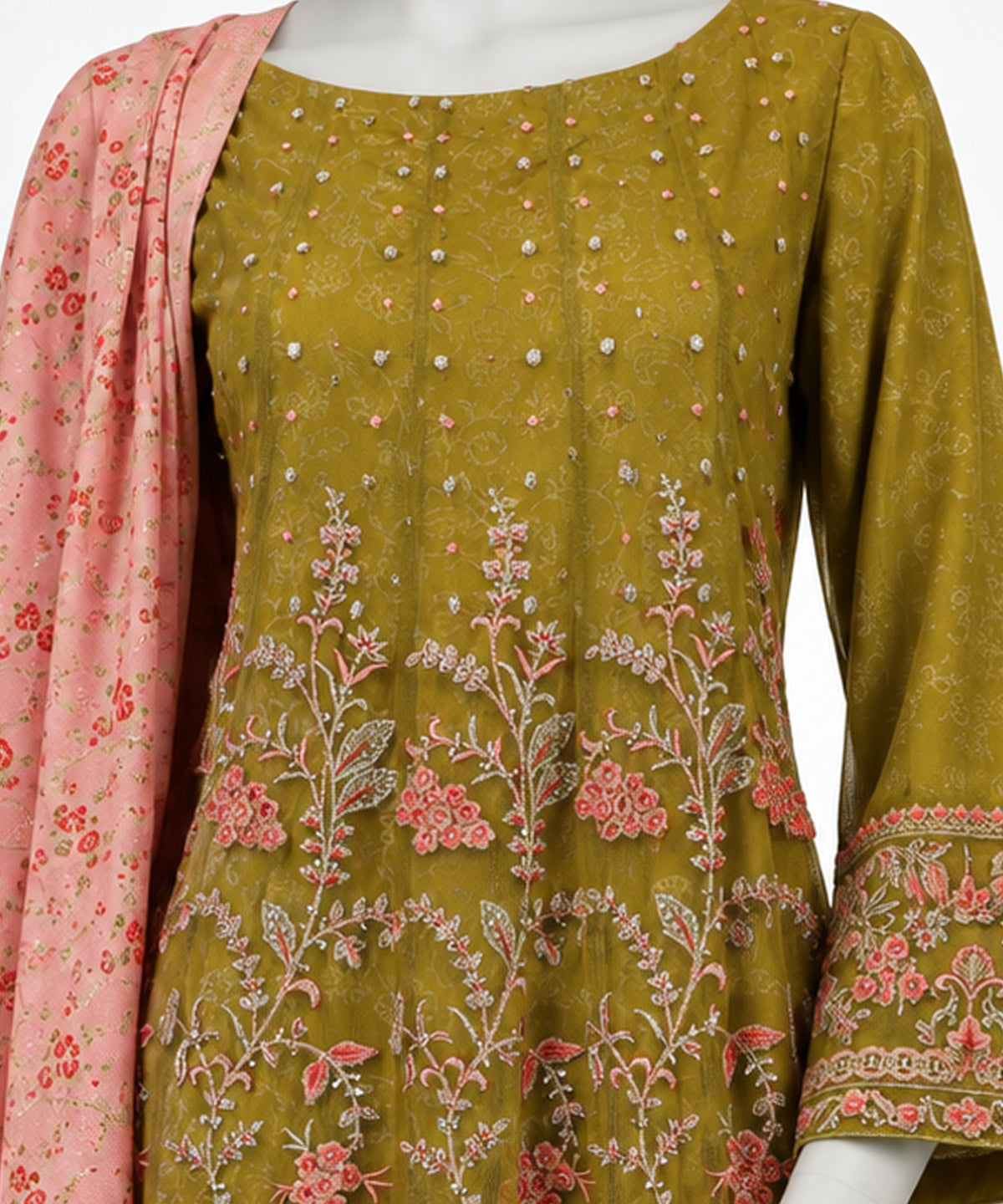 Green Embroidered Raw Silk Stitched 3Pc