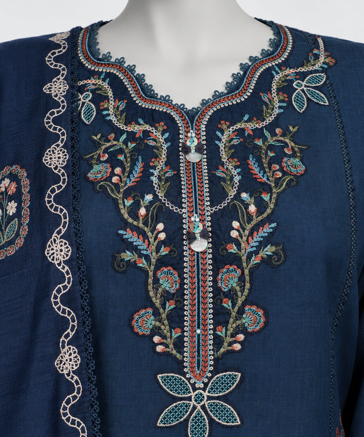 Blue Embroidered Khaddar Slub Stitched 3Pc