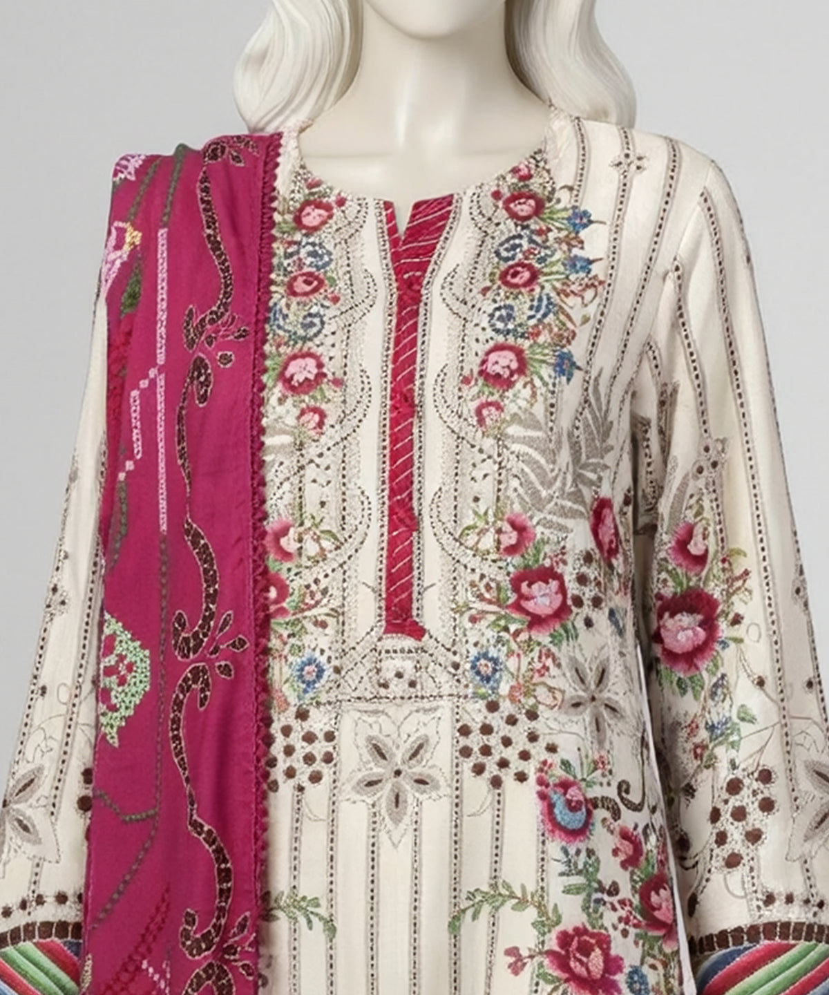Off White Printed Linen Stitched 3Pc