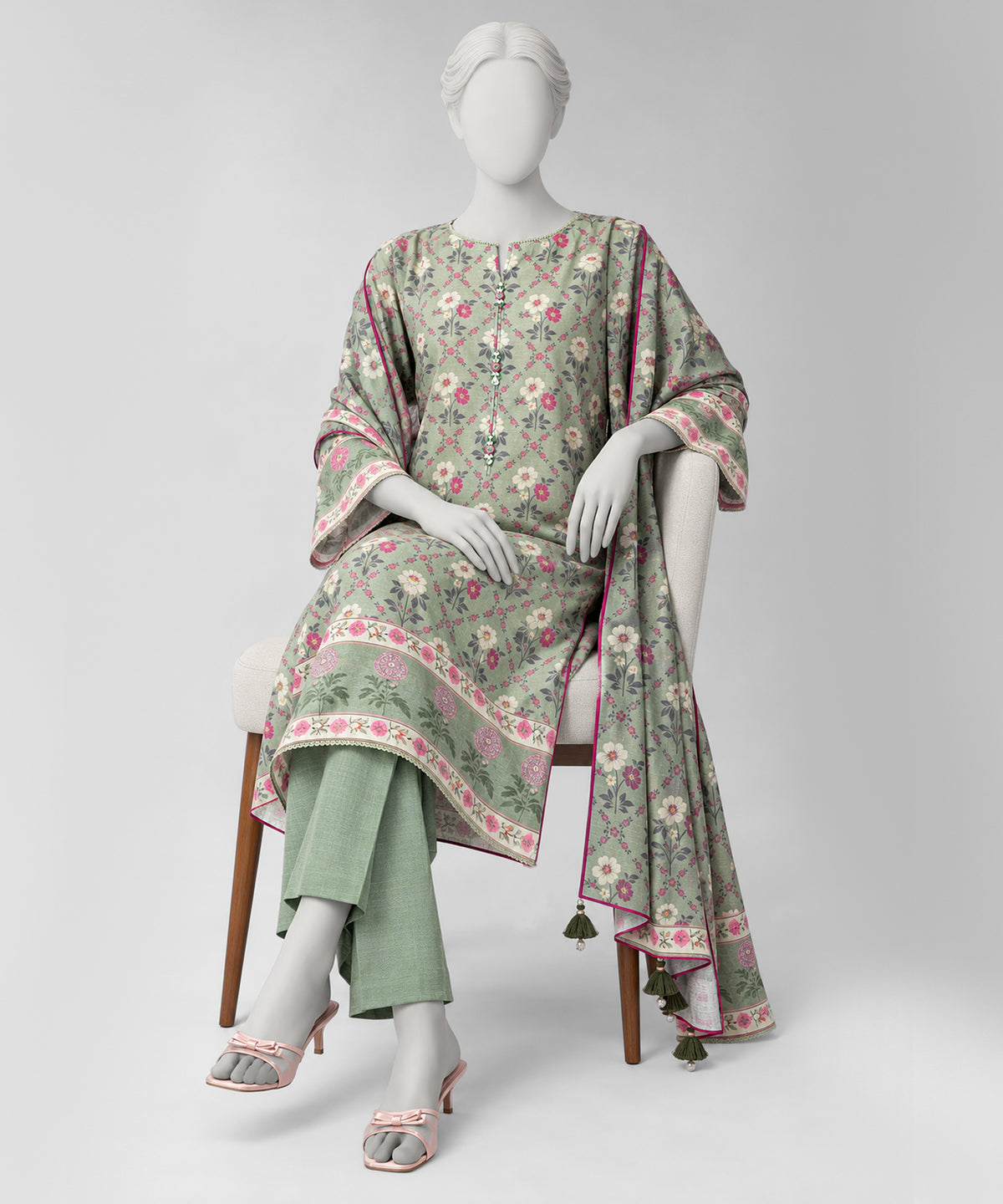 Green Printed Khaddar Slub Unstitched 3Pc
