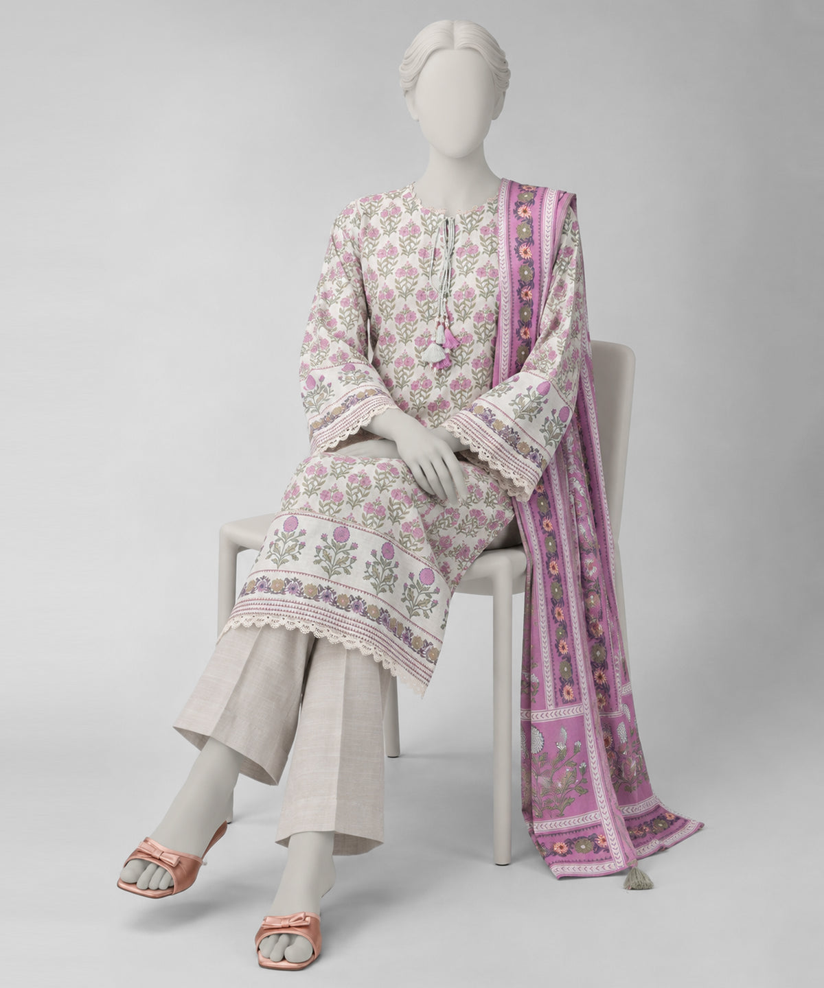 Off White Printed Khaddar Slub Unstitched 3Pc