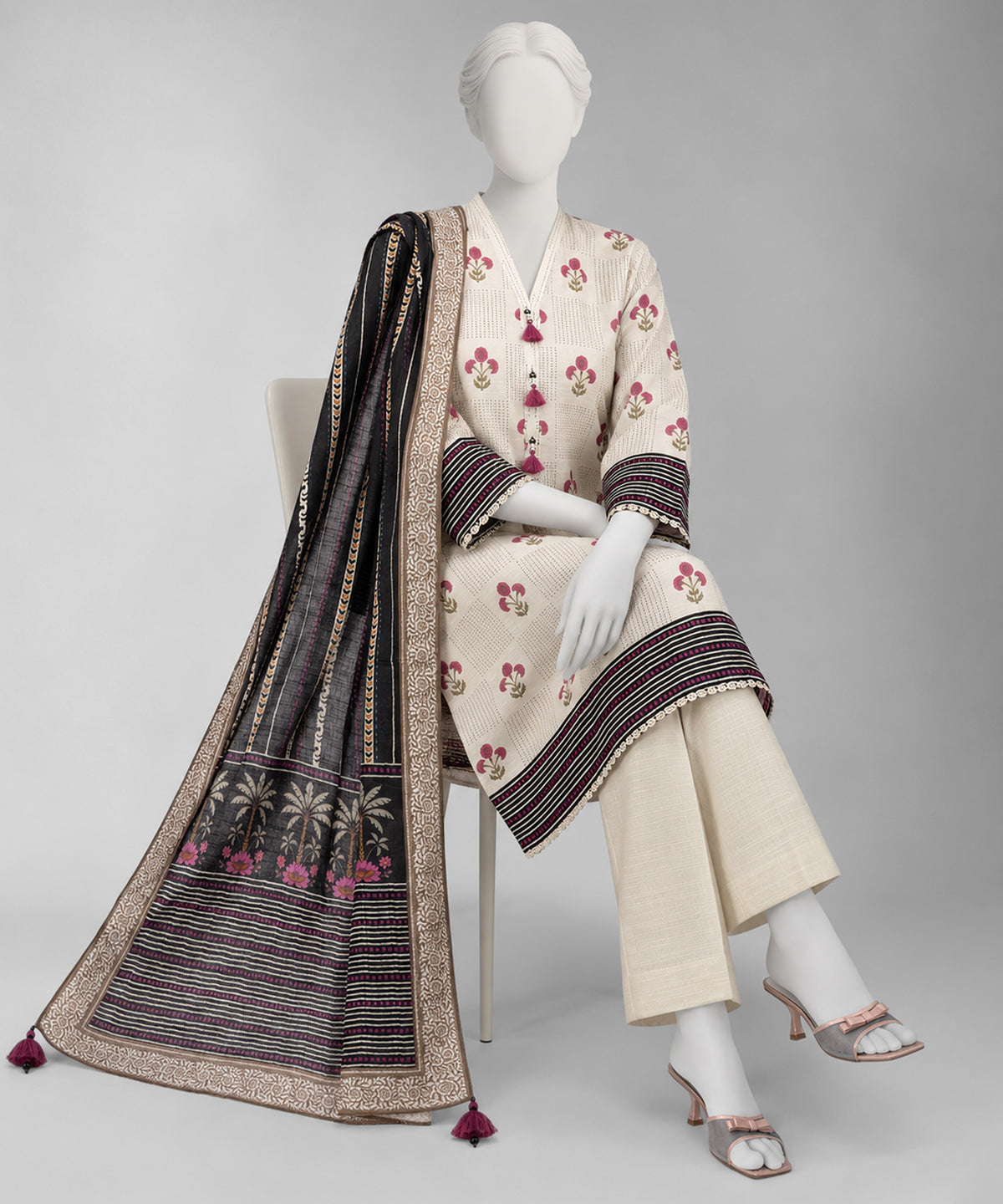 Beige Printed Khaddar Slub Unstitched 3Pc