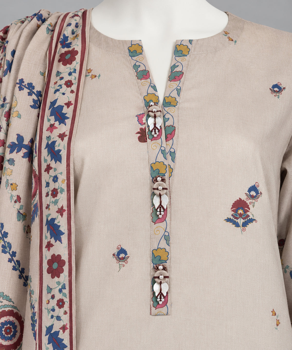 Beige Embroidered Cambric Unstitched 3Pc