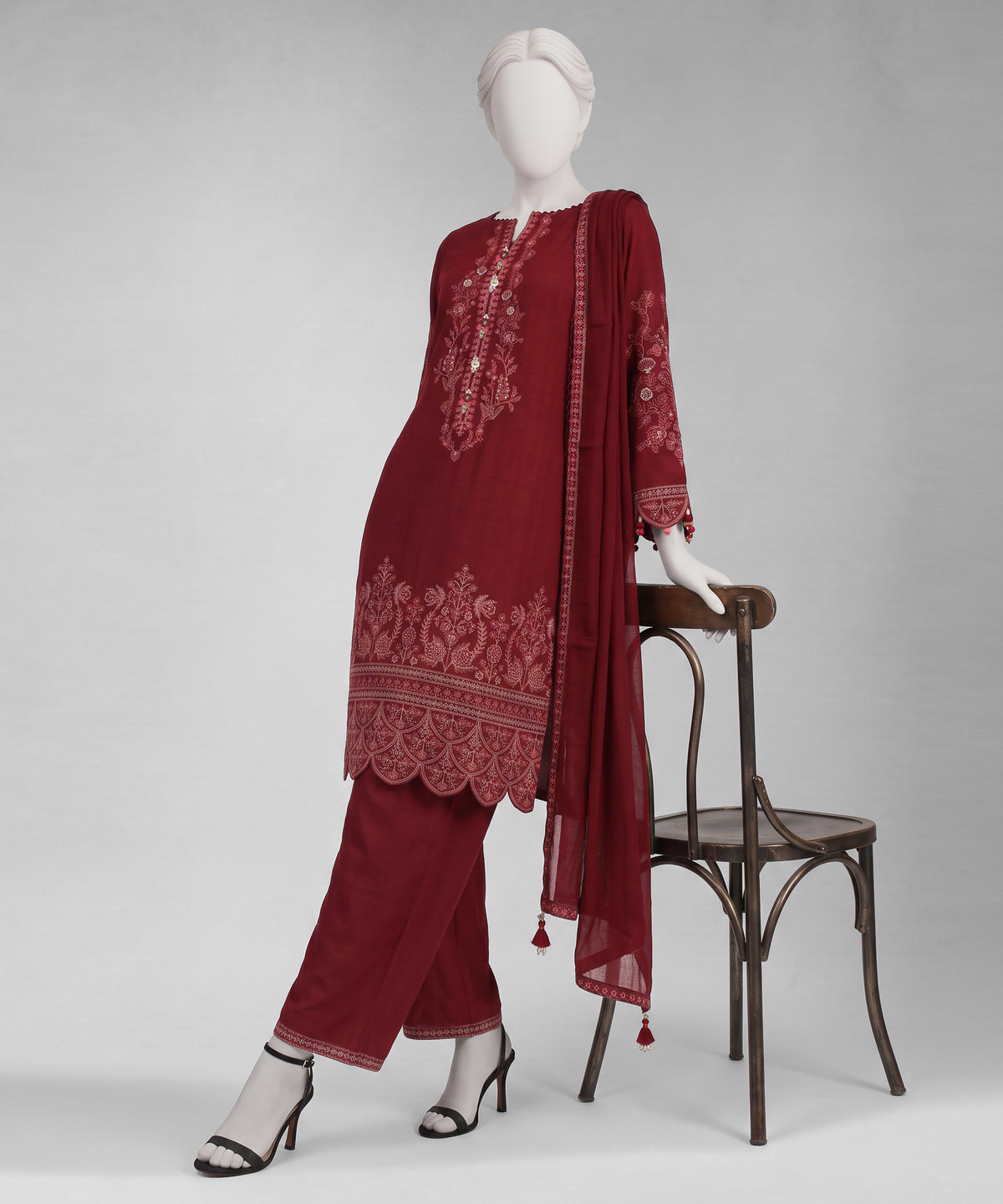 Maroon Embroidered Khaddar Slub Unstitched 3Pc