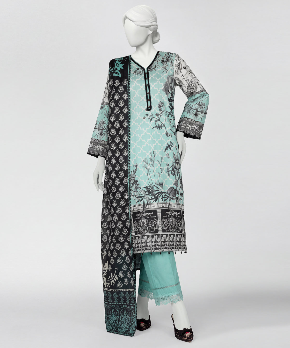 Green Printed Lawn Unstitched 3Pc Straight Front