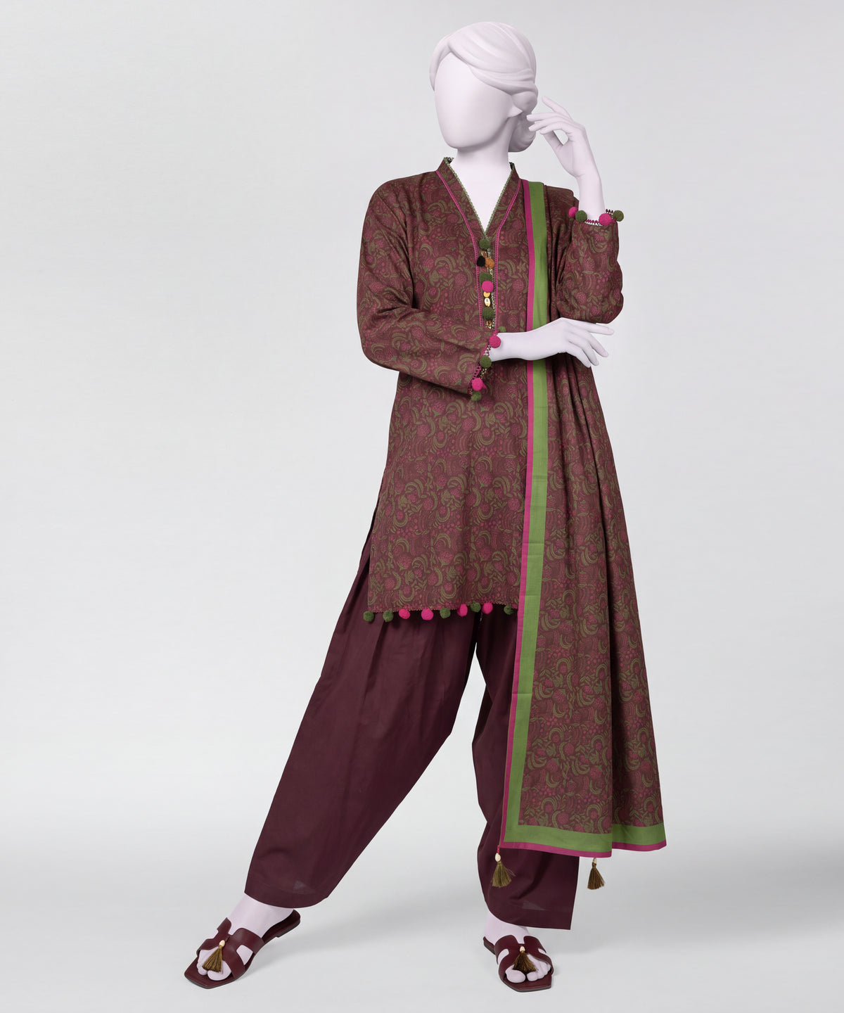 Maroon Printed Lawn Unstitched 3Pc Straight Front