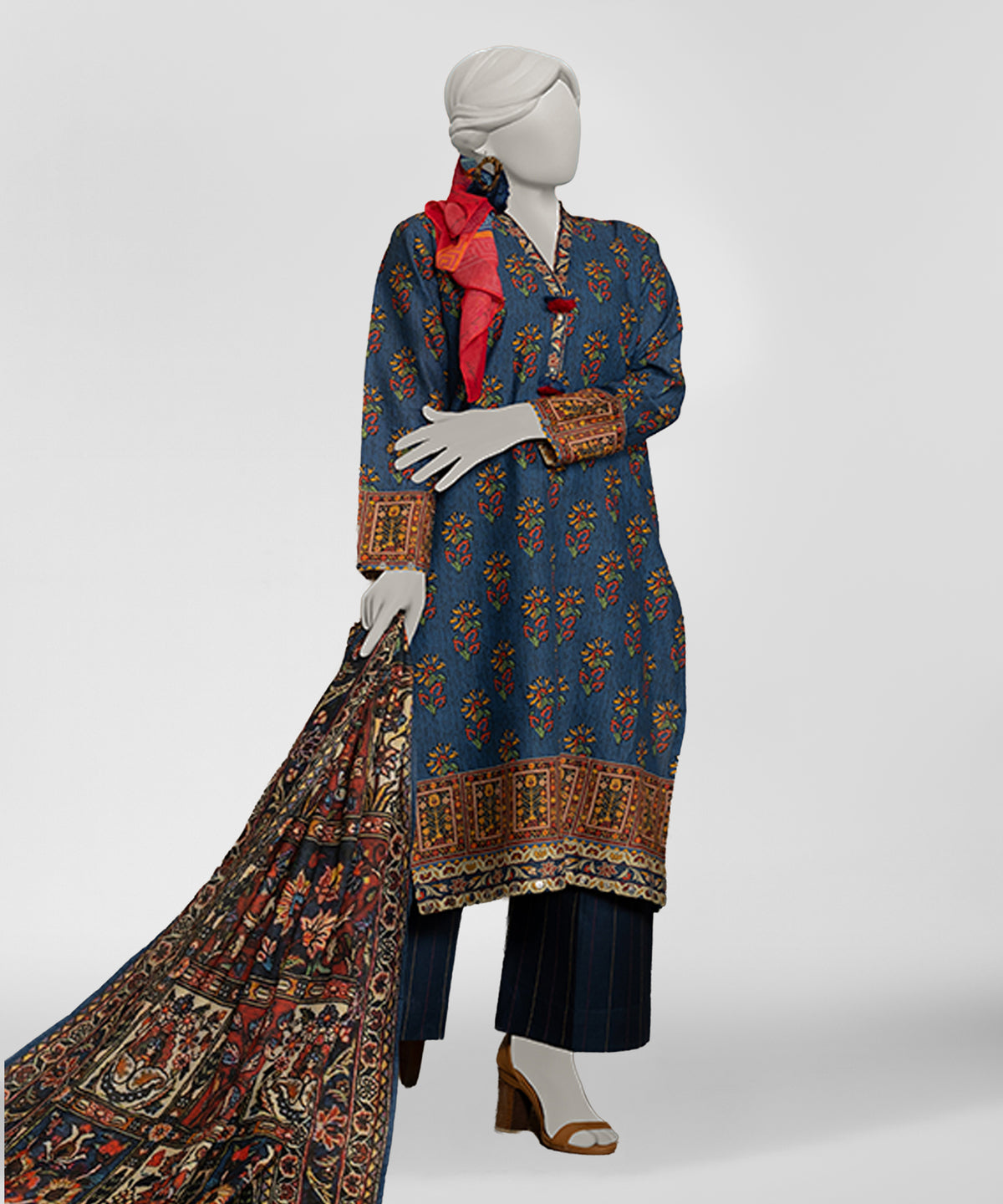 Blue Printed Lawn Unstitched 3Pc Straight Front
