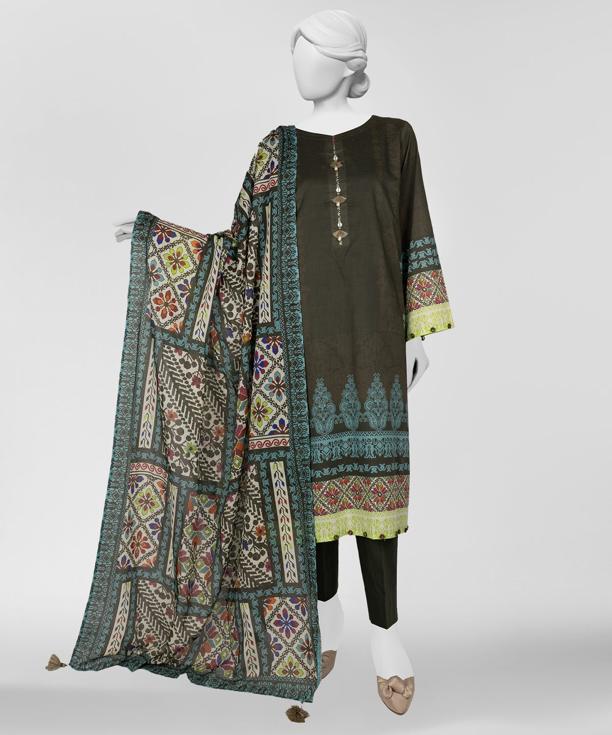 Green Printed Lawn Unstitched 3Pc Straight Front