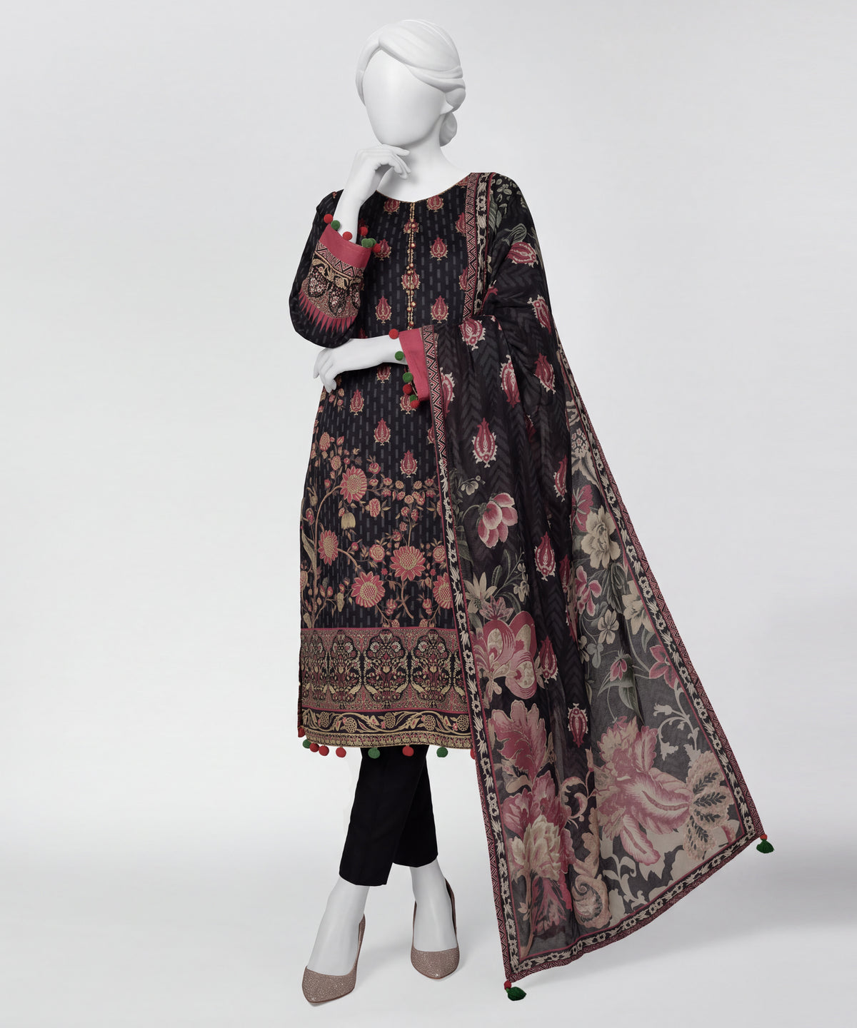 Black Printed Lawn Unstitched 3Pc Straight Front