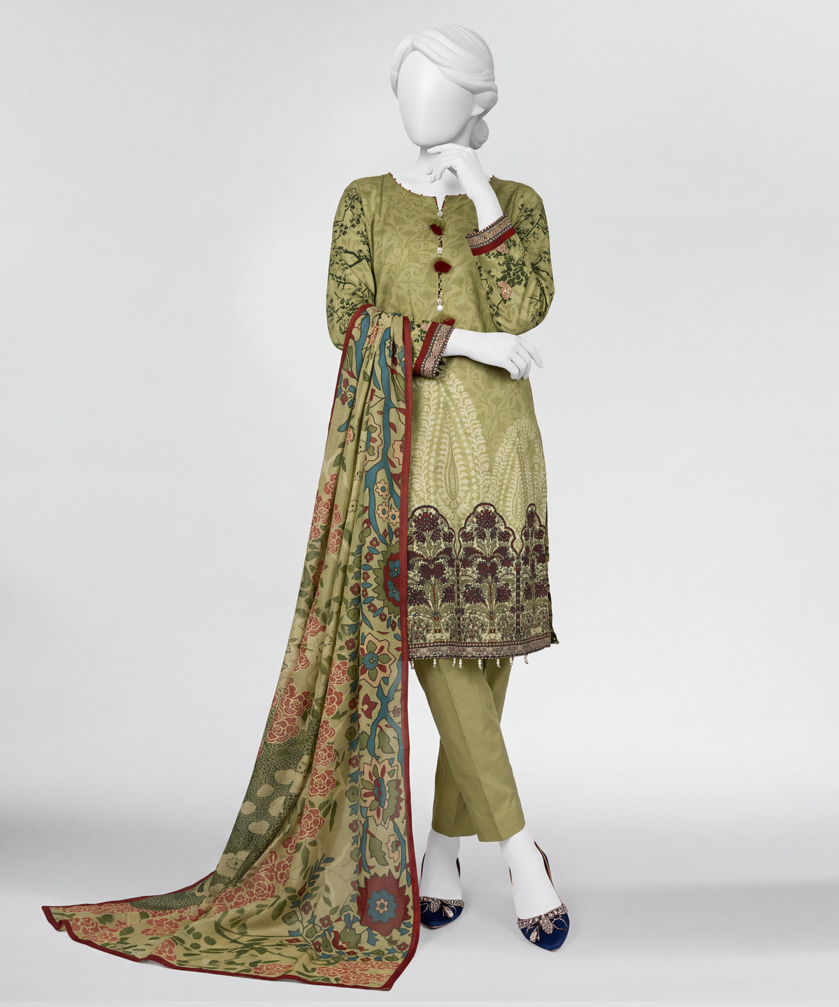 Green Printed Lawn Unstitched 3Pc Straight Front