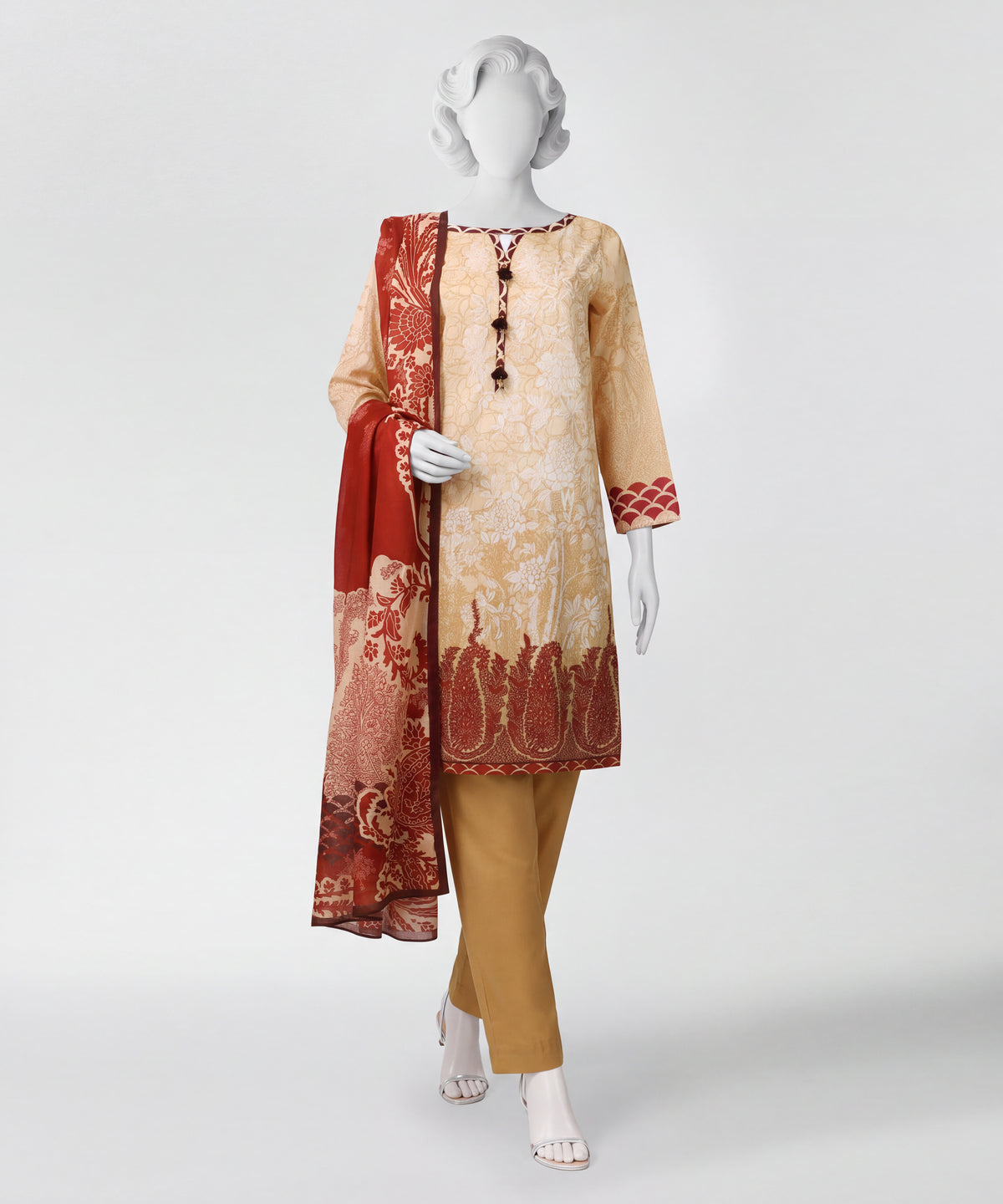 Beige Printed Lawn Unstitched 3Pc Straight Front