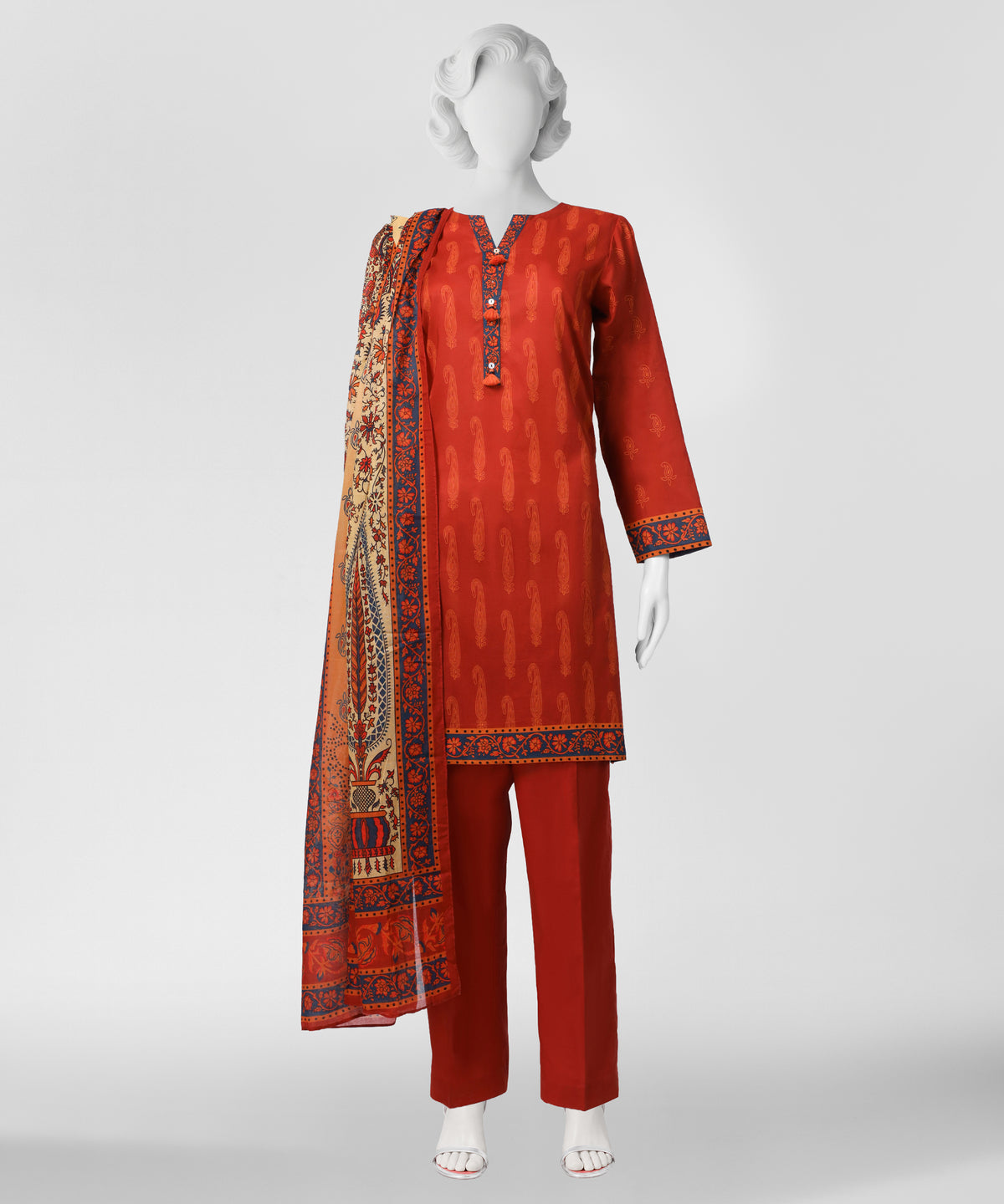 Red Printed Lawn Unstitched 3Pc Straight Front