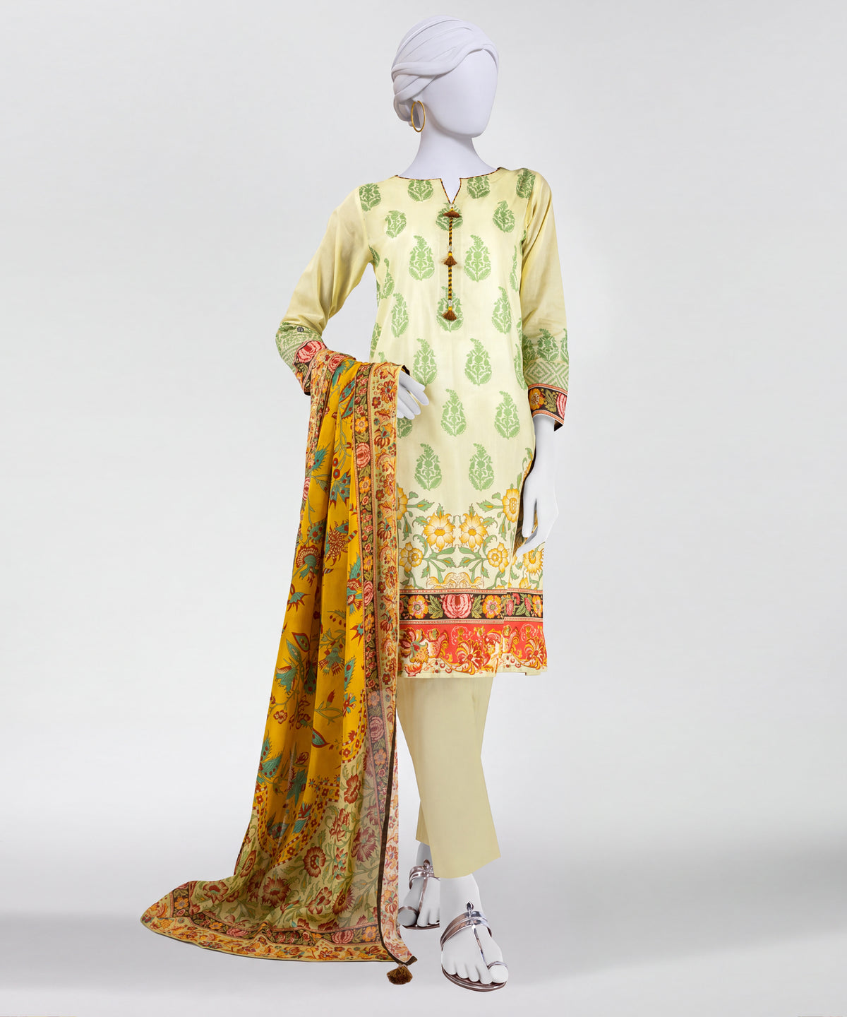 Yellow Printed Lawn Unstitched 3Pc Straight Front