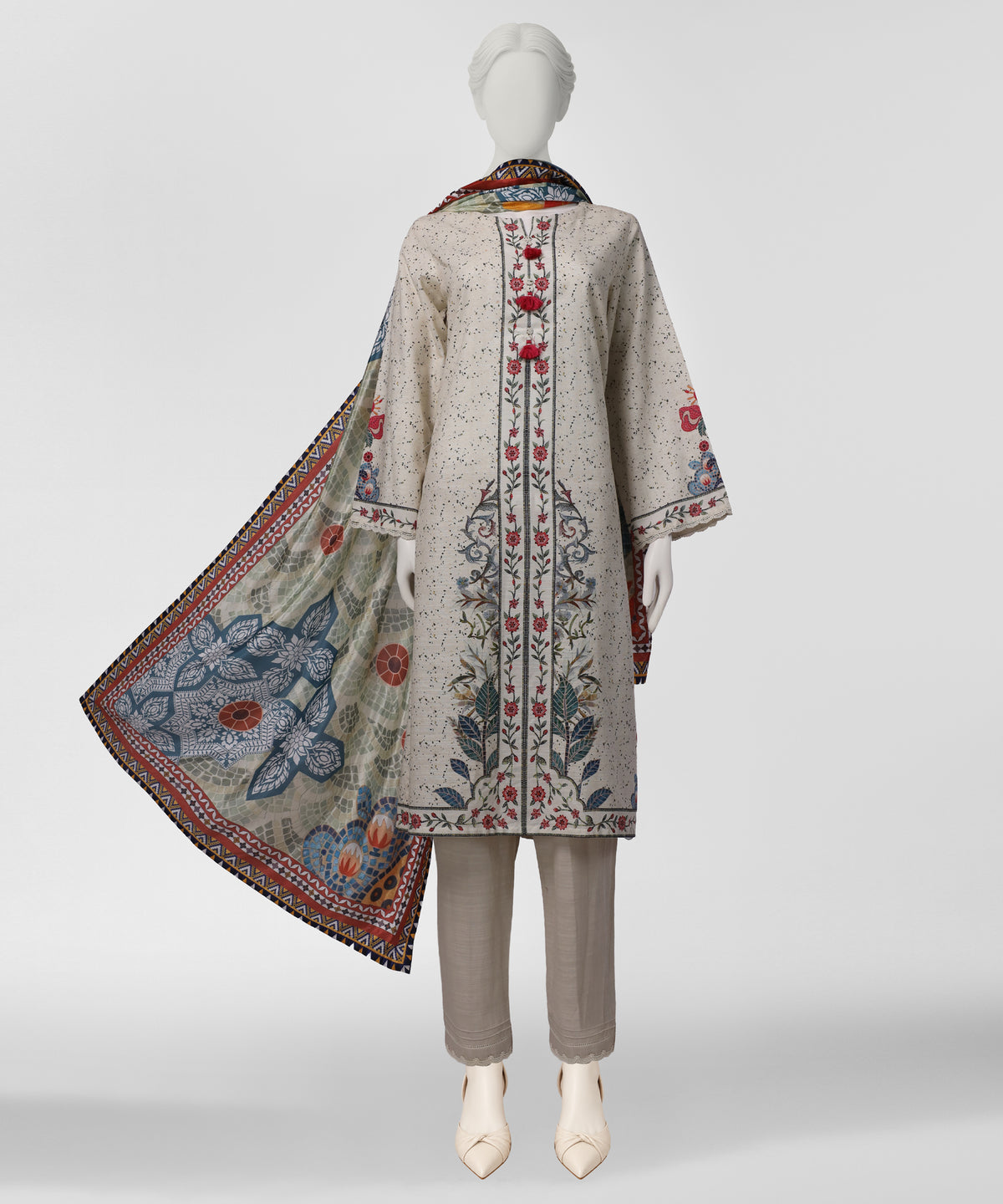 Off White Printed Khaddar Slub Stitched 3Pc