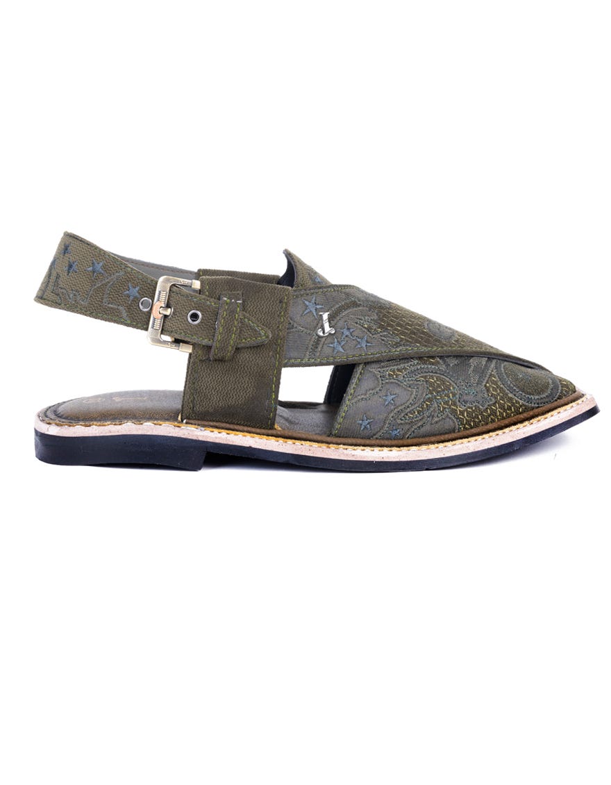 Green Embroidered Peshawari Chappal | Jjfw-Jpc-350-Emb
