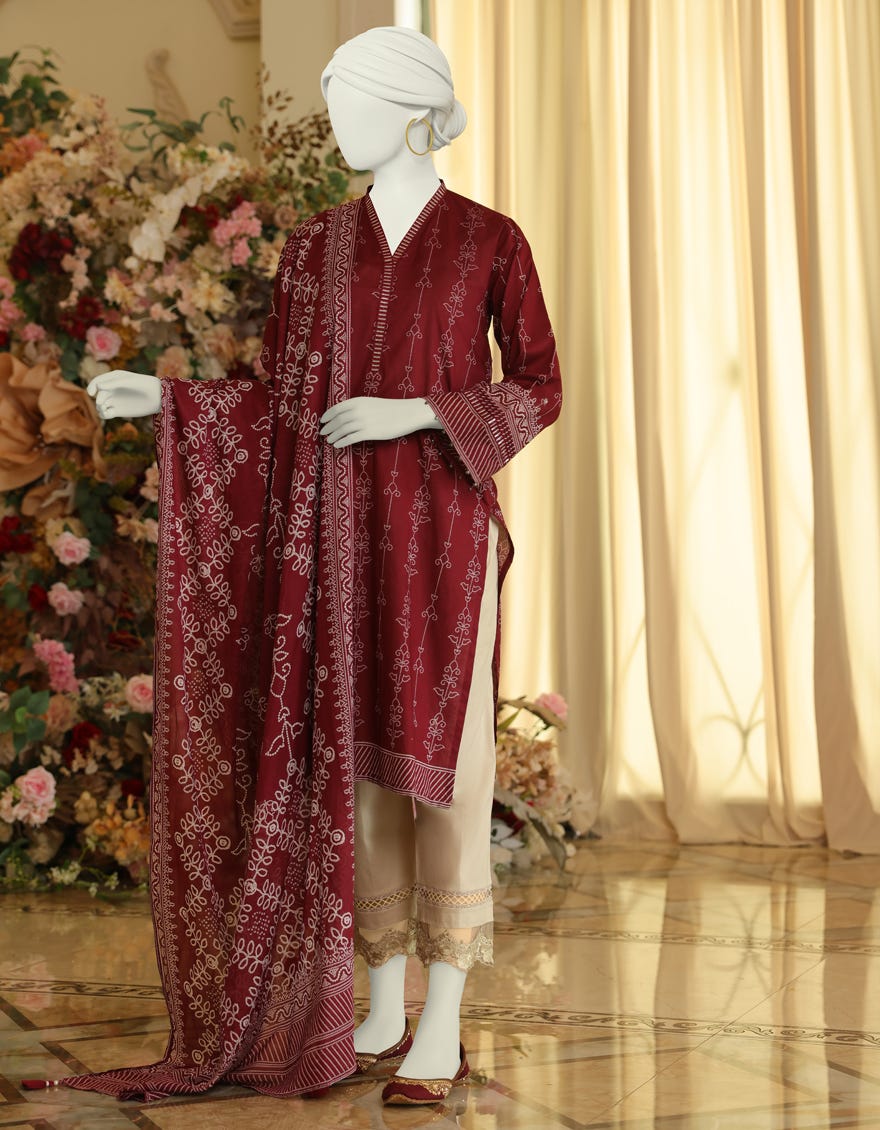 Maroon Lawn Unstitched 2 Piece Dress | Jlawn-S-Jds-23-1018 Madder
