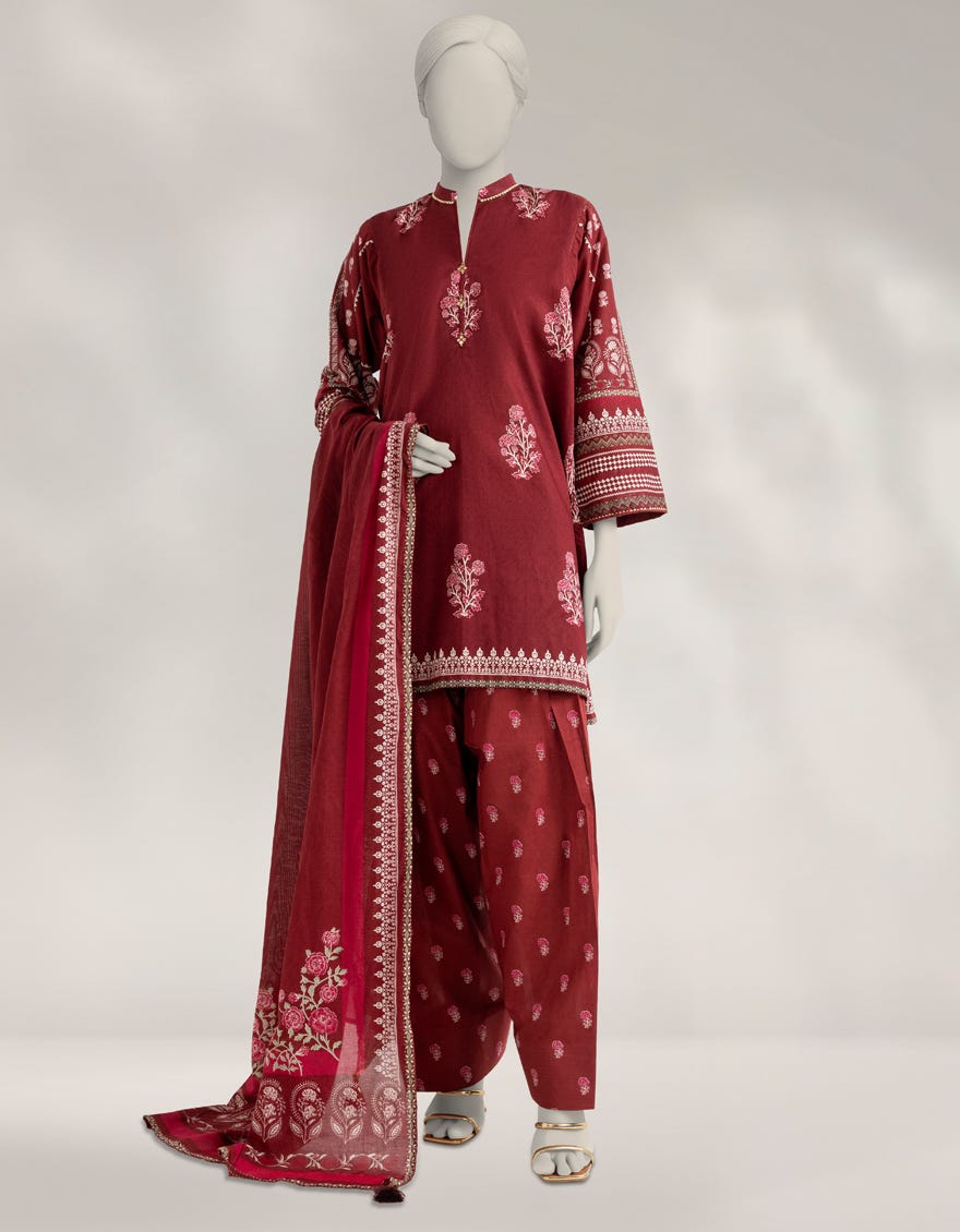 MAROON CAMBRIC PRINTED UNSTITCHED 3PC