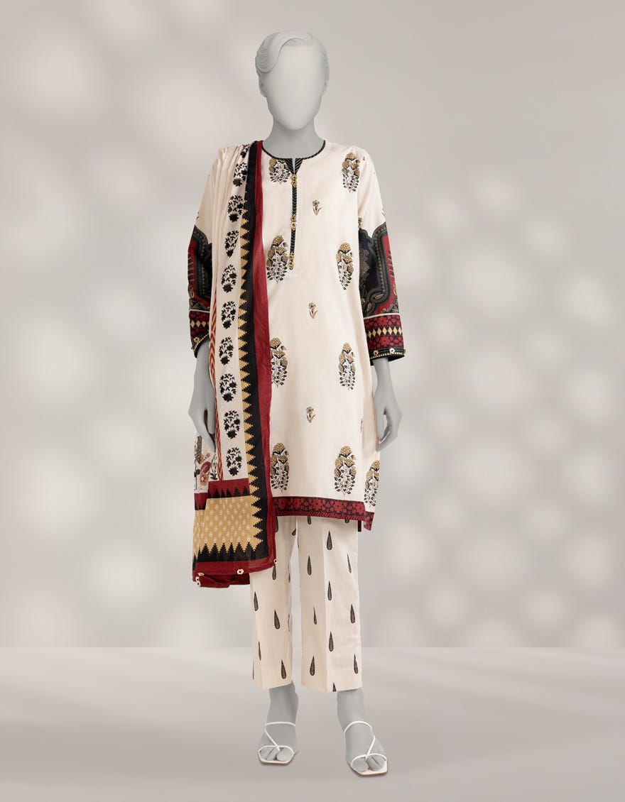 CREAM CAMBRIC PRINTED UNSTITCHED 3PC