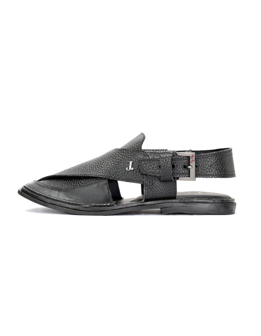 Black Textured Men Peshawari Chappal | Jjfw-Jpc-11262-R1