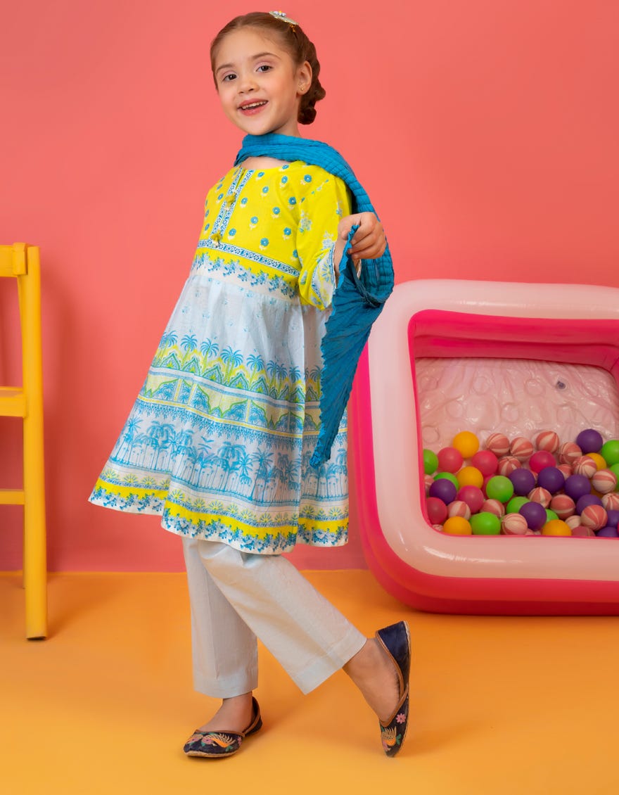 Blue-Yellow Lawn Girls 3 Piece Stitched Dress | Jgkl-S-23-1518
