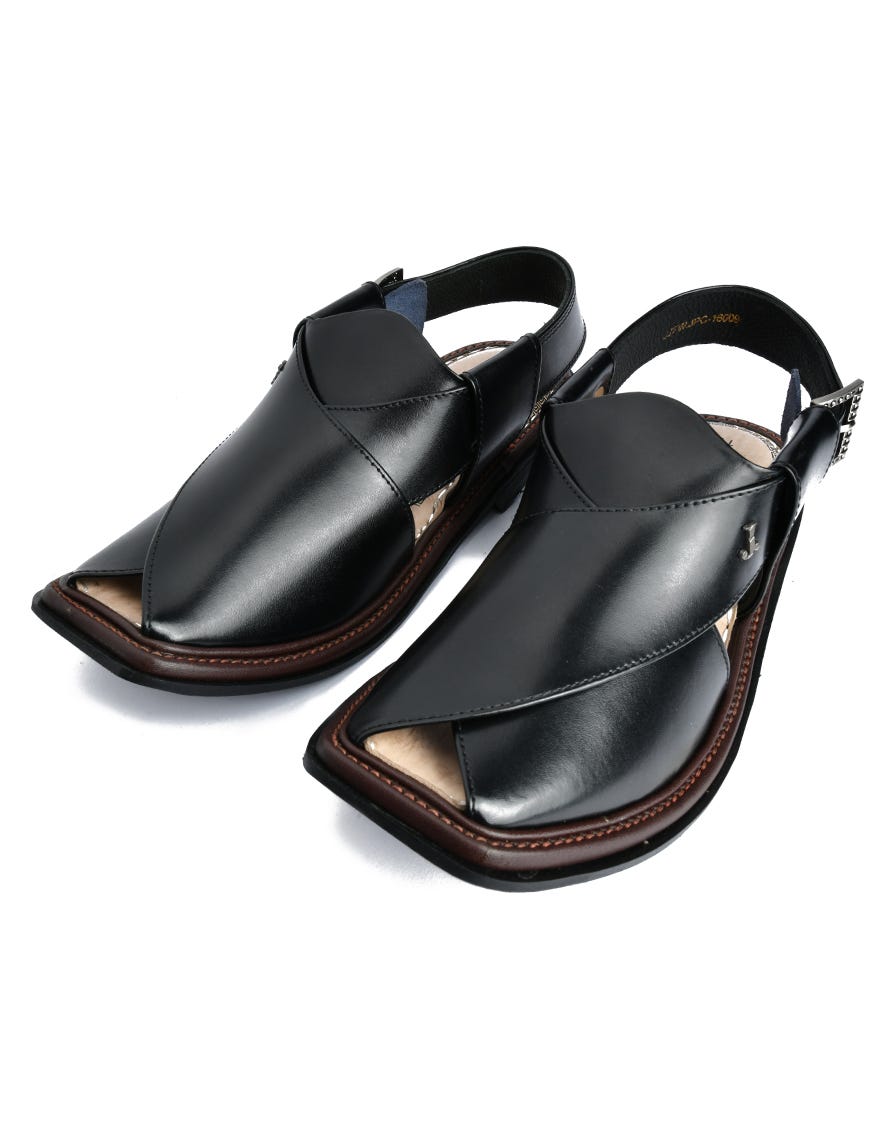 Black High Chrome Peshawari Chappal | Jjfw-Jpc-16009