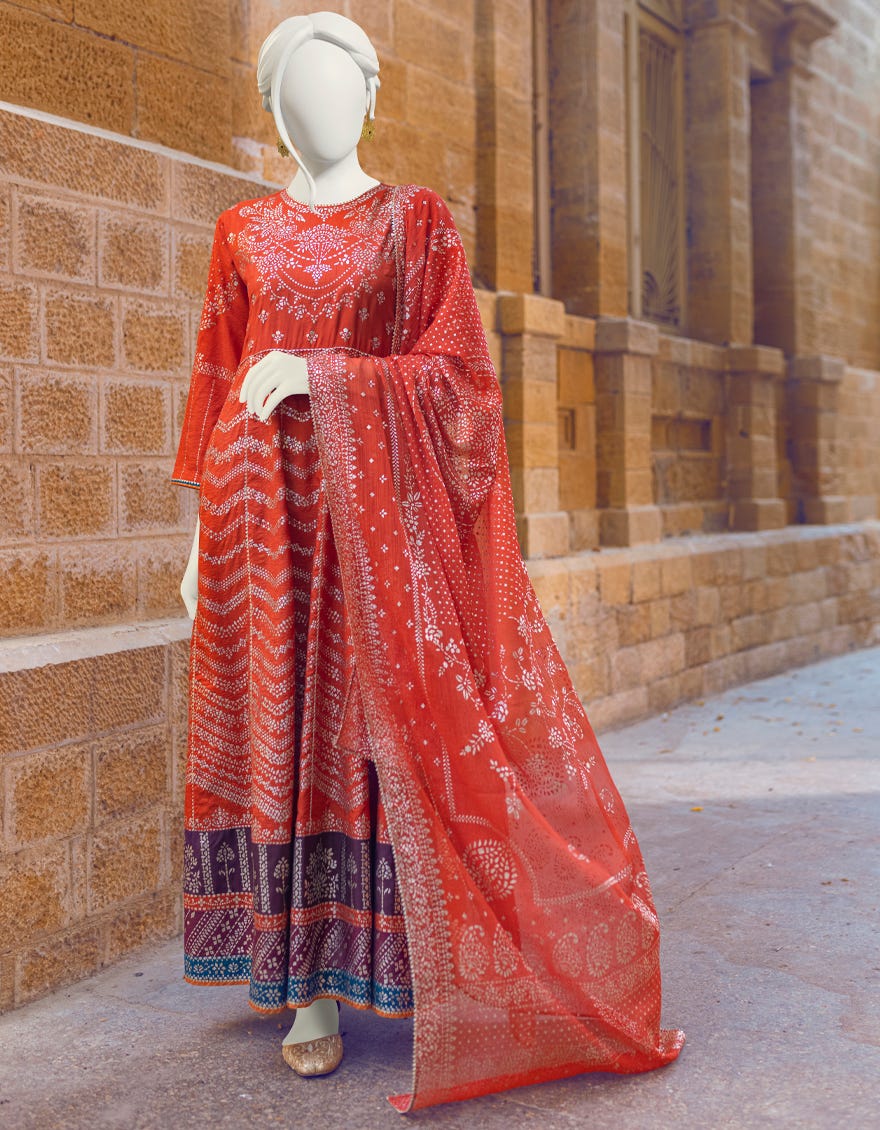 Rust Raw Silk 3 Piece Stitched Dress | Jjpw-W-Jw-22-1716