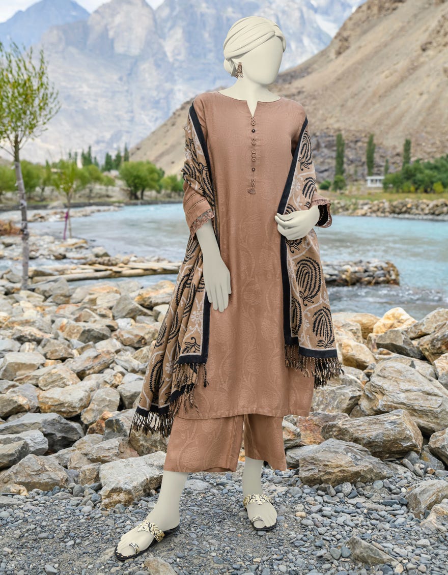 Brown Acrylic Unstitched 3 Piece Dress | Jjls-W-Jwu-23-1832