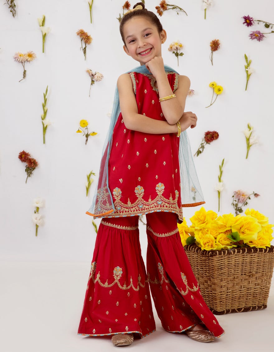 Red Dyed Girls 3 Piece Stitched Dress | Jgk-S-23-1906