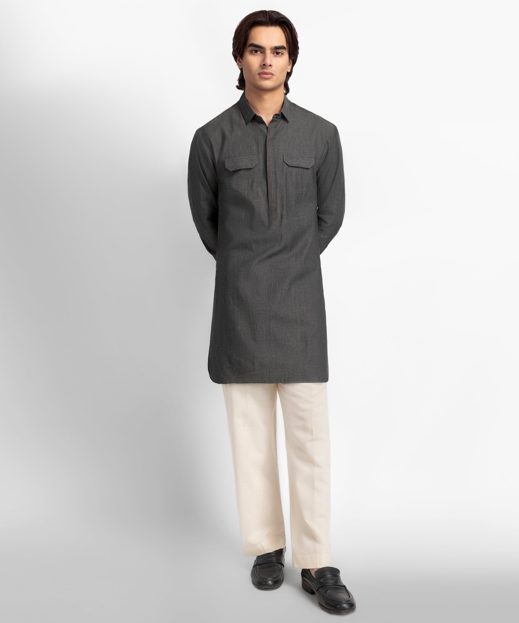 Dark Grey Cotton Casual Short Kurta