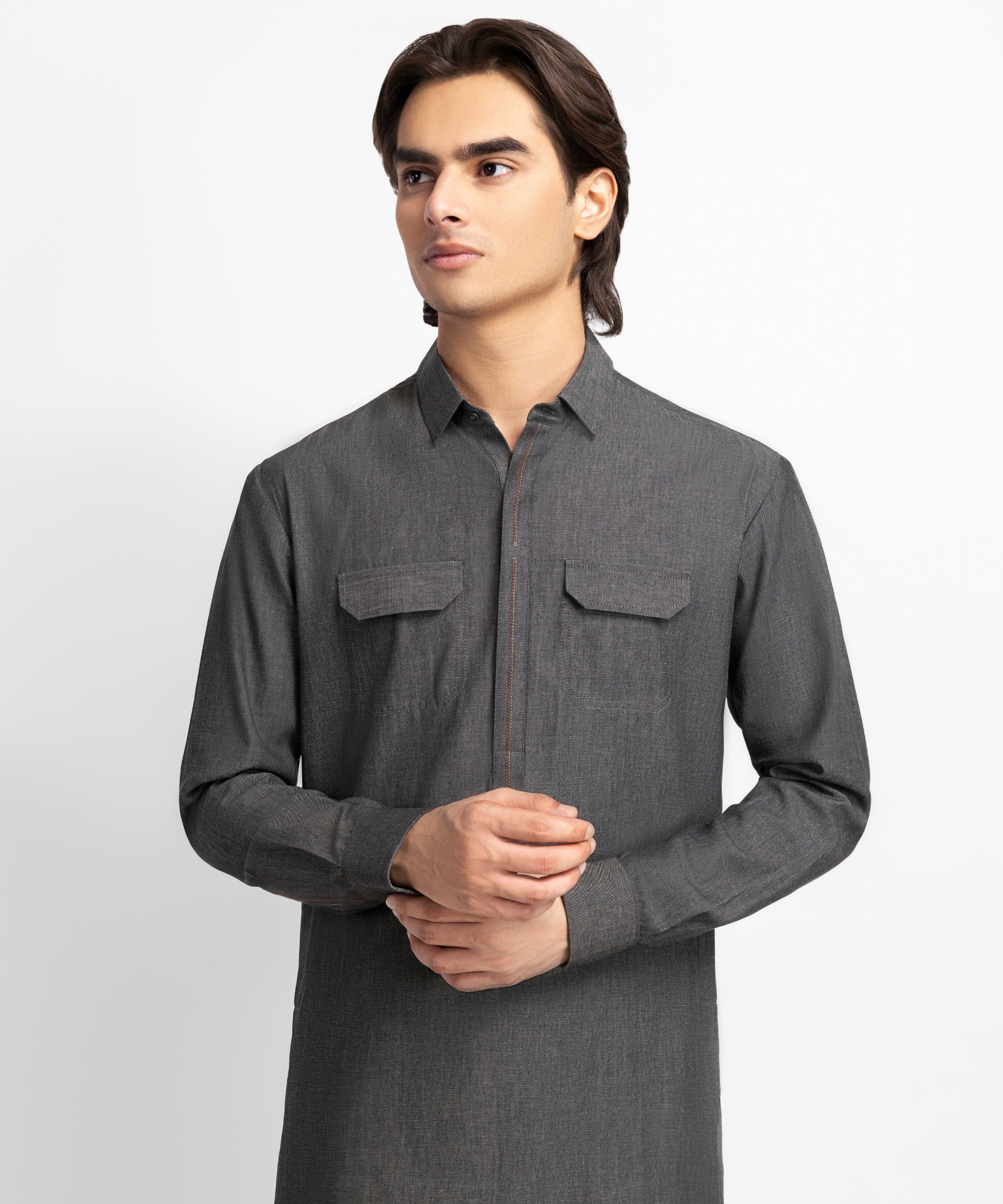 Dark Grey Cotton Casual Short Kurta