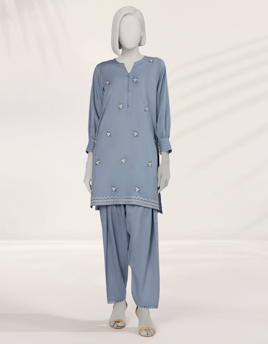BLUE EMBROIDERED TEXTURED CO-ORD SET