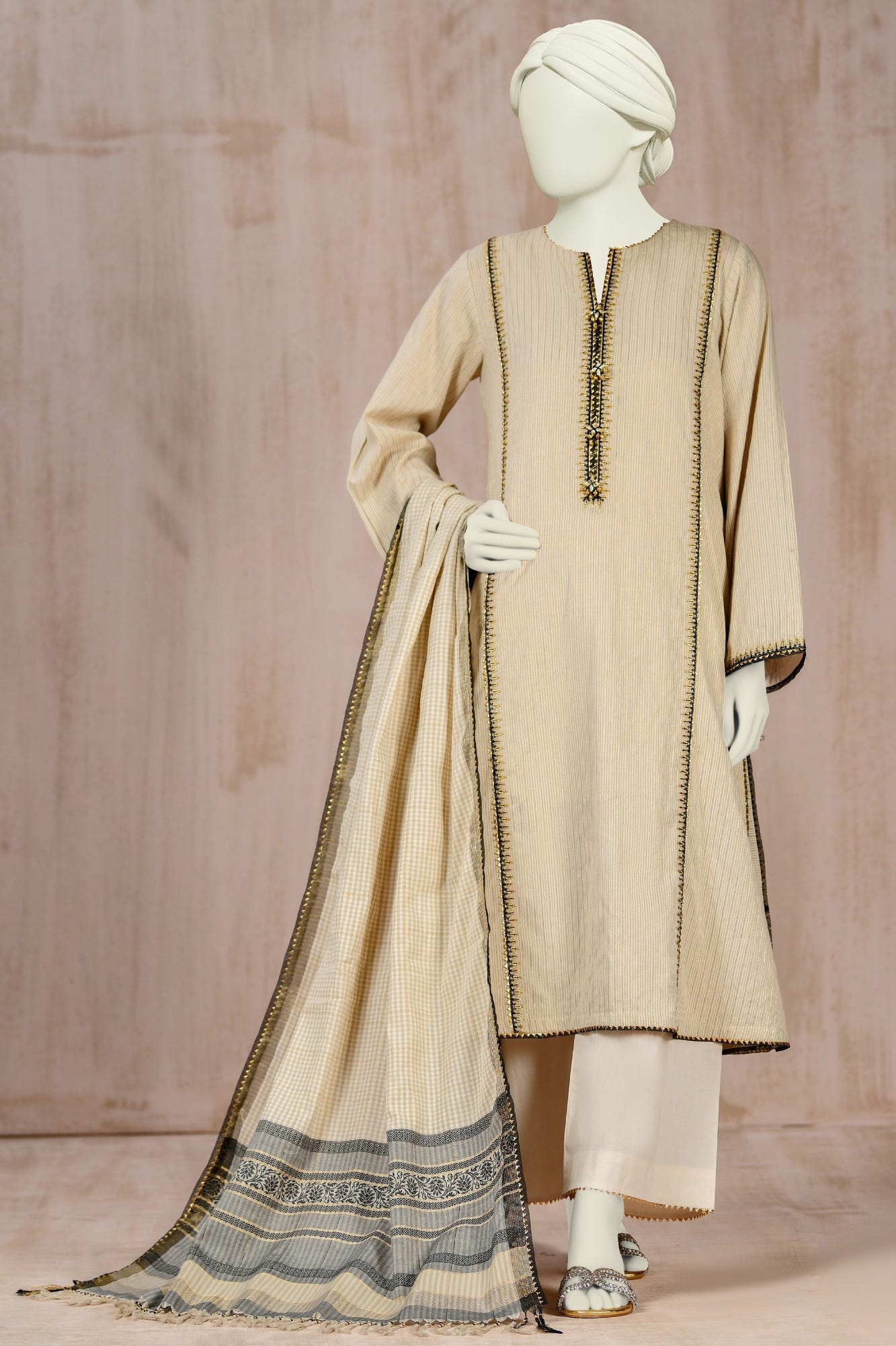 Beige Jacquard Unstitched 3 Piece Dress | Ccw-3Psu-S-22-055