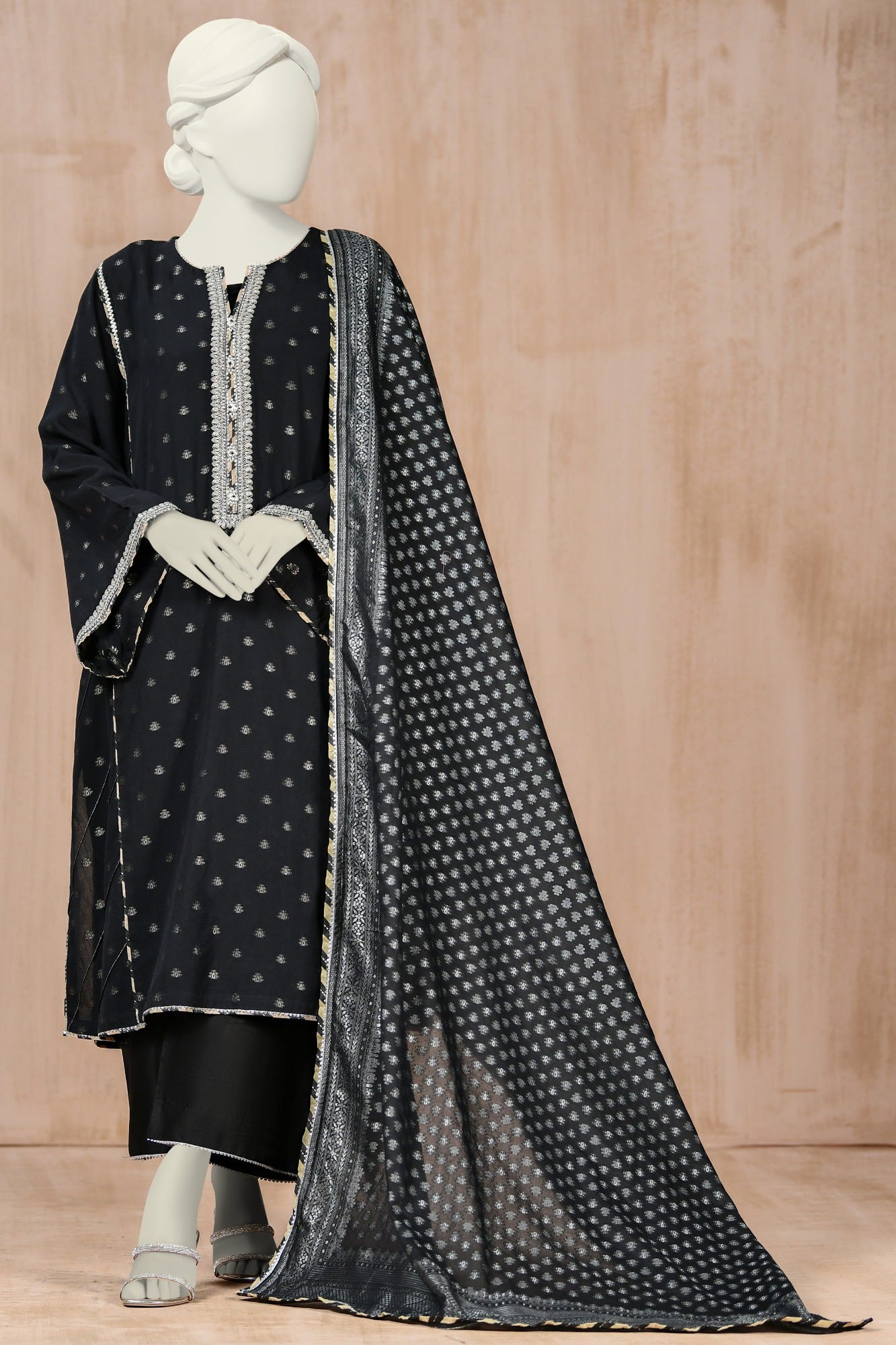Black Jacquard Unstitched 3 Piece Dress | Ccw-3Psu-S-22-059
