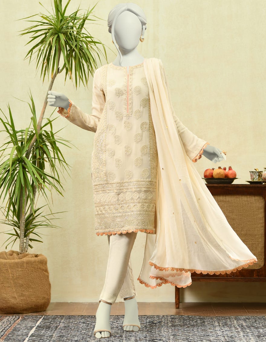 Off White Chiffon 3 Piece Stitched Dress | Jjpw-W-Jpwf-22-067